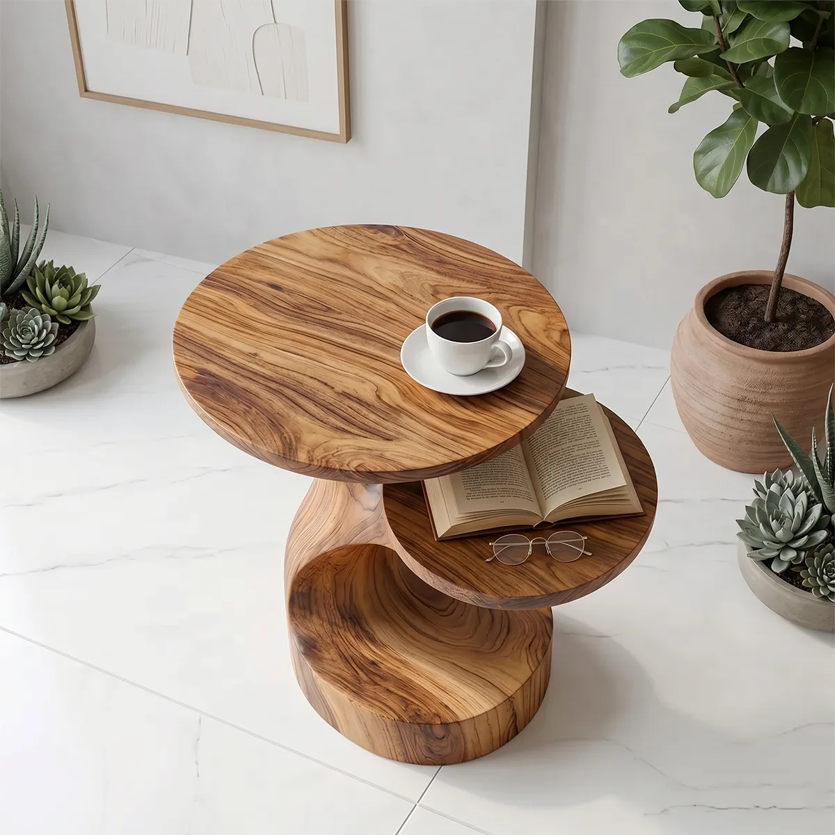 Handcrafted Solid Wood End Table with Open Shelves – Sculptural Organic Side Table TH003-1037