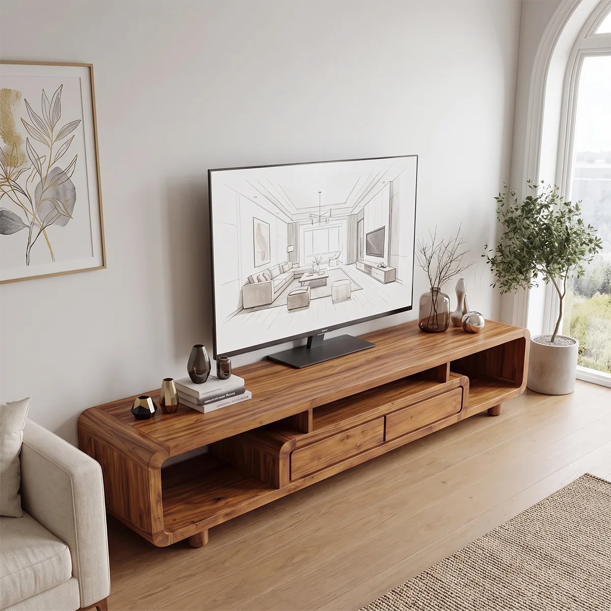 Modern Curved TV Stand with Open Shelves & 2 Drawers | Low Profile Entertainment Console TH003-5MRZ4FZ