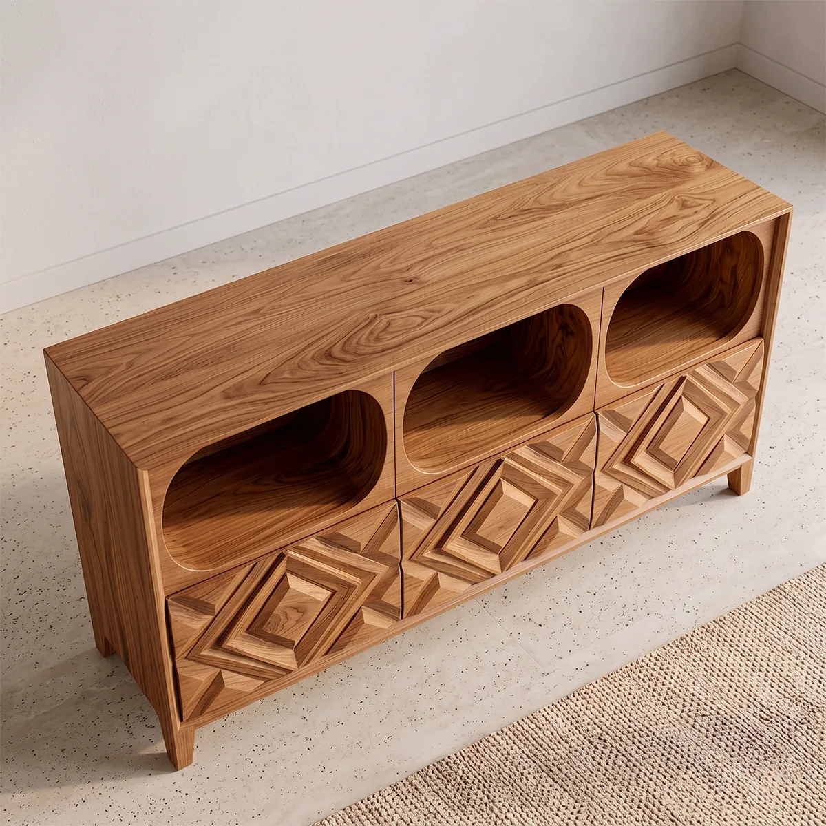 Modern Sideboard Cabinet | Geometric Carved Buffet Cabinet with Open Shelves & Storage TH003-2841