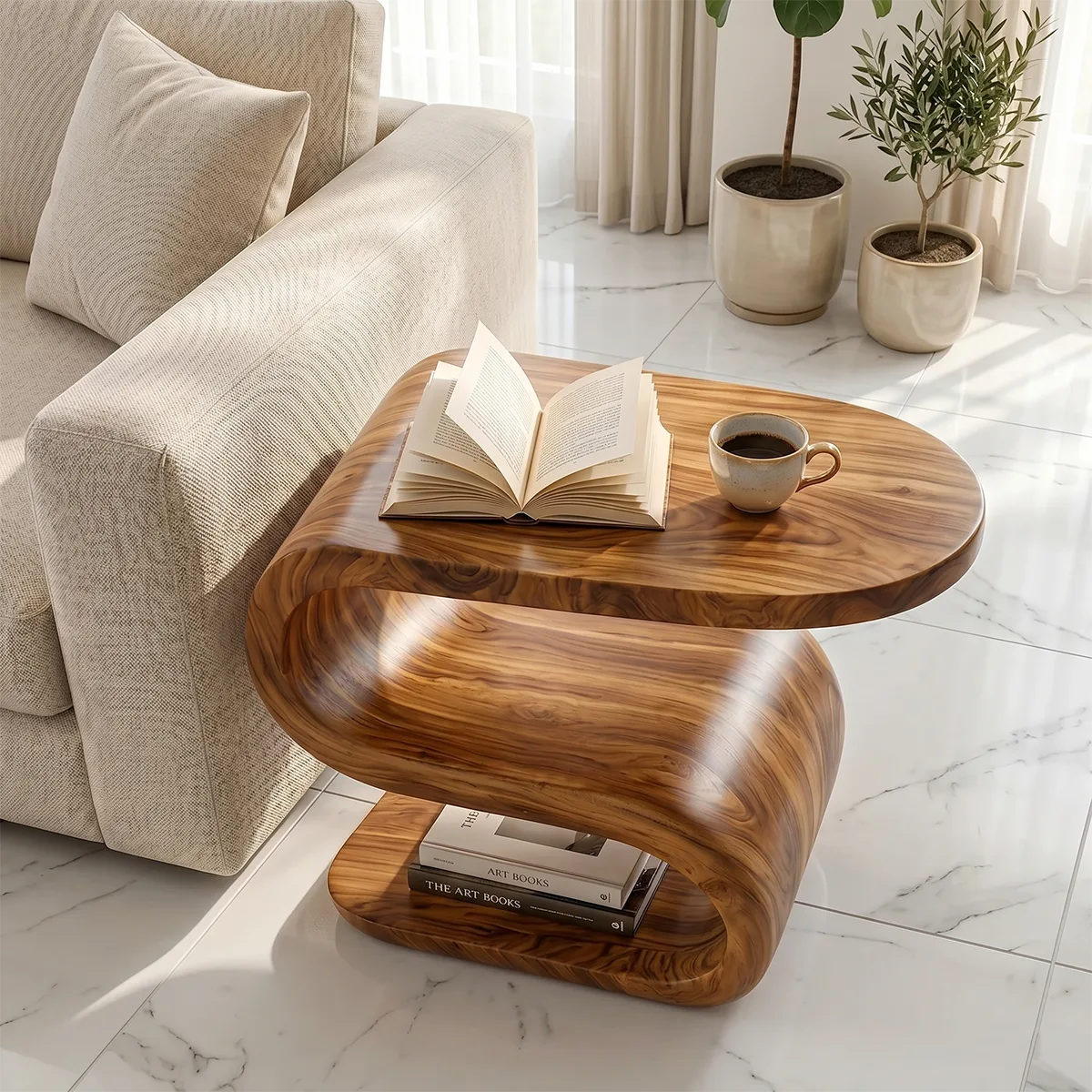 Solid Wood S-Shaped End Table – Sculptural Side Table for Living Room & Bedroom TH003-1734