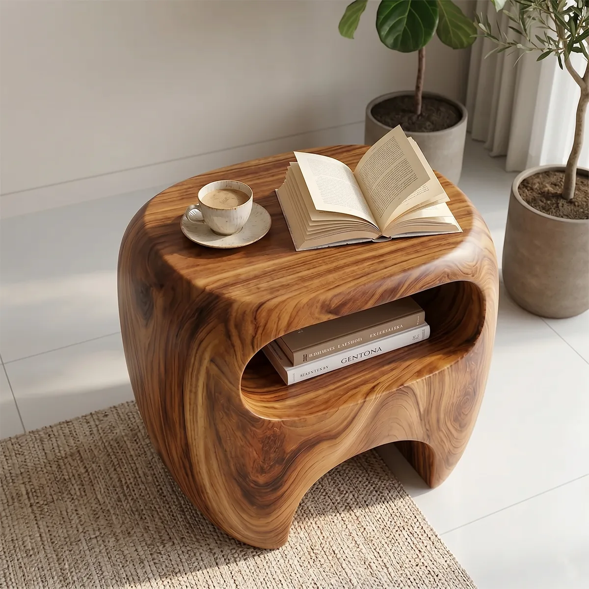 Handcrafted Solid Wood End Table with Open Shelf-Organic Side Table for Living Room TH003-8647