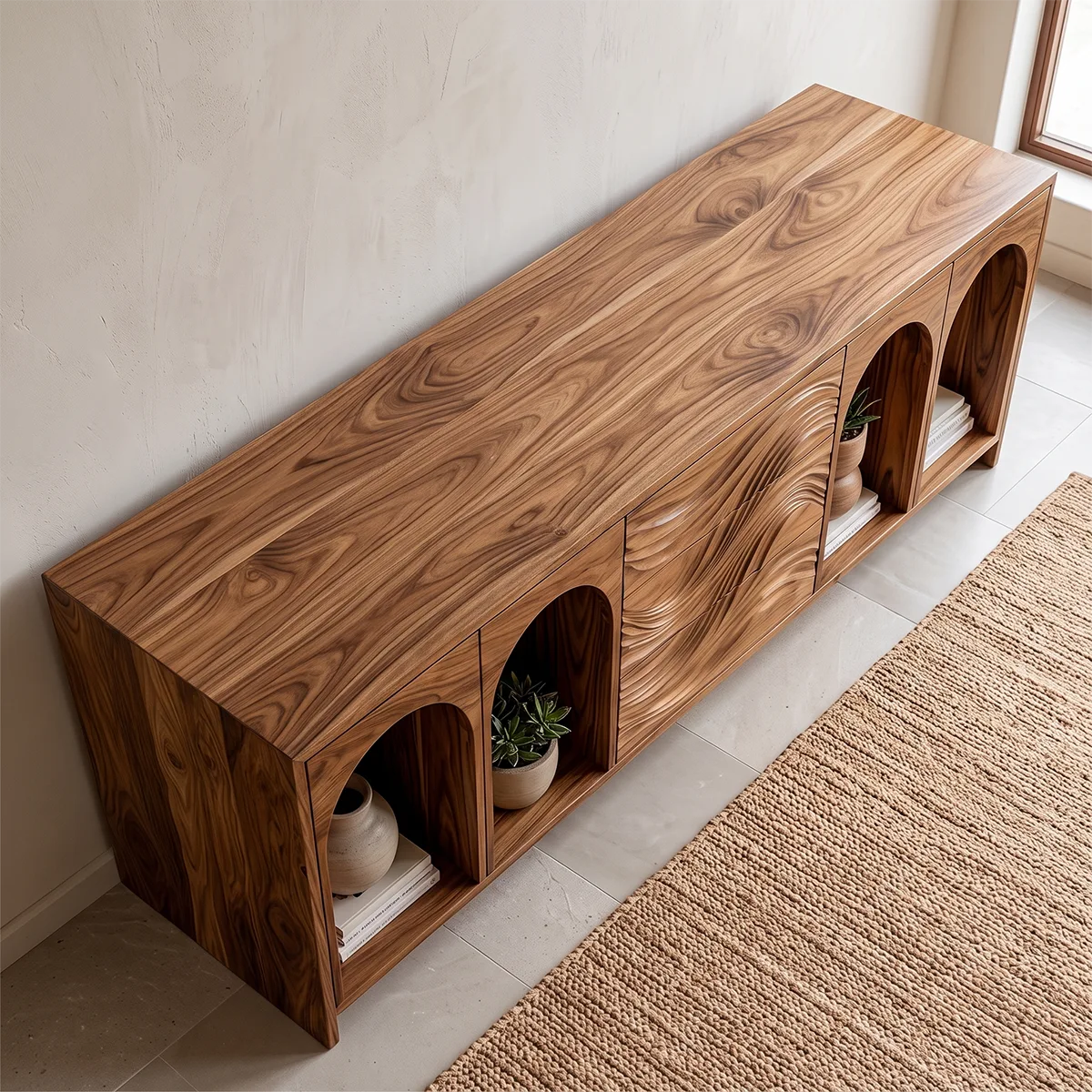Modern Sideboard Cabinet | Wave Front Buffet Cabinet with Arched Open Shelves & Drawers TH003-8213