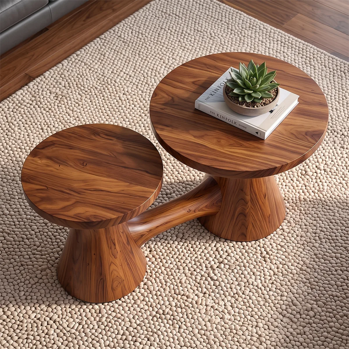 Two-Tier Round Coffee Table with Dual Pedestal Base | Sculptural Modern Living Room Table TH003-5PHH3EC