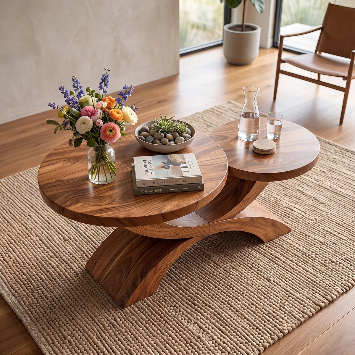 Two-Tier Round Coffee Table with Sculptural Crossed Base | Modern Living Room Center Table TH003-1RTB8PD