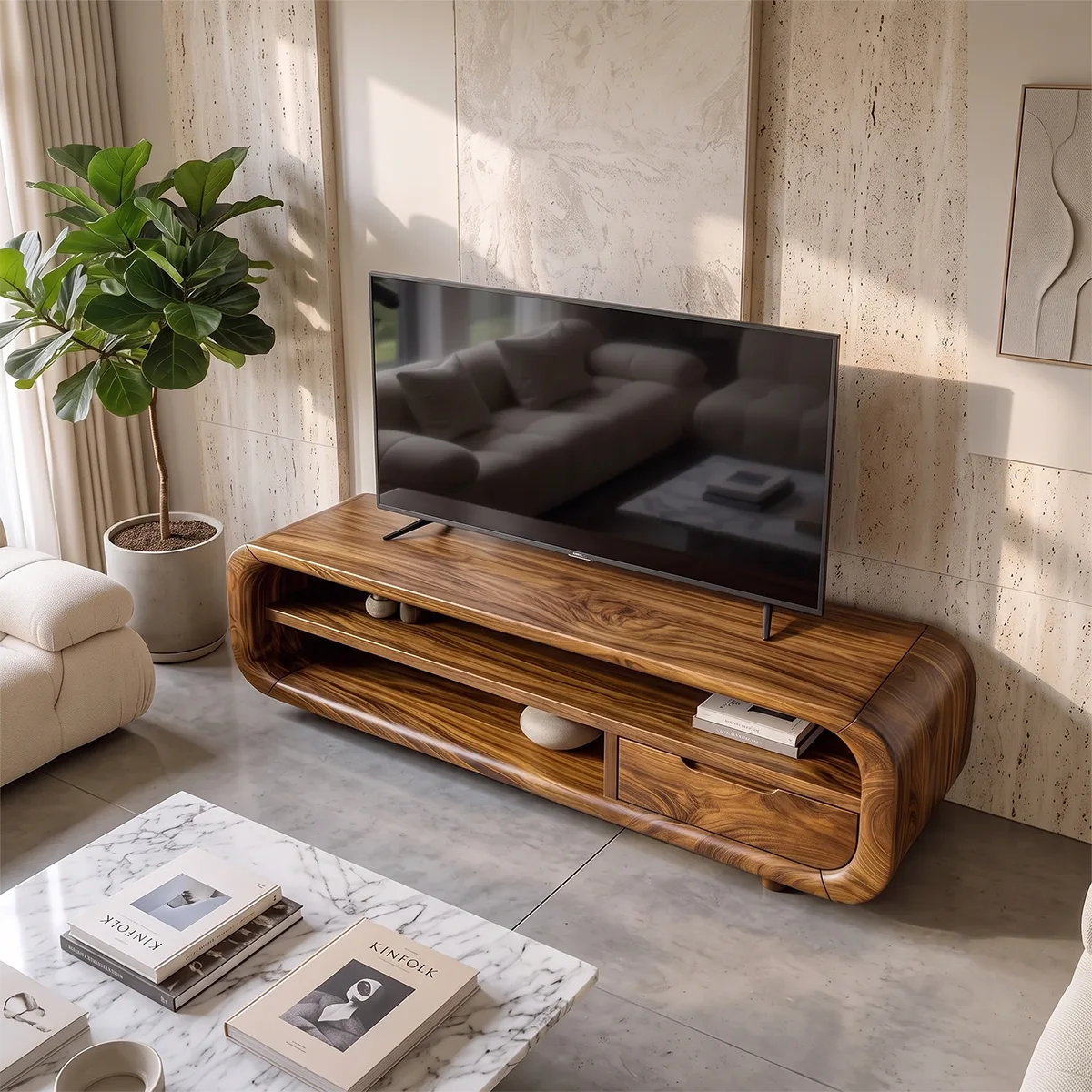 Modern Curved TV Stand with Open Shelves and Drawer | Low Profile Entertainment Console TH003-7VIY6HF