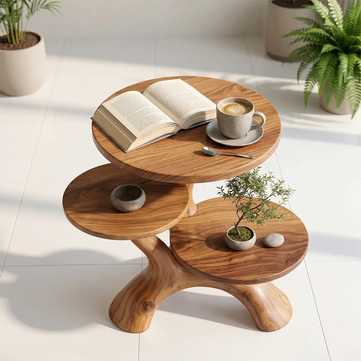Handcrafted Solid Wood 3-Tier End Table – Sculptural Organic Side Table TH003-2515