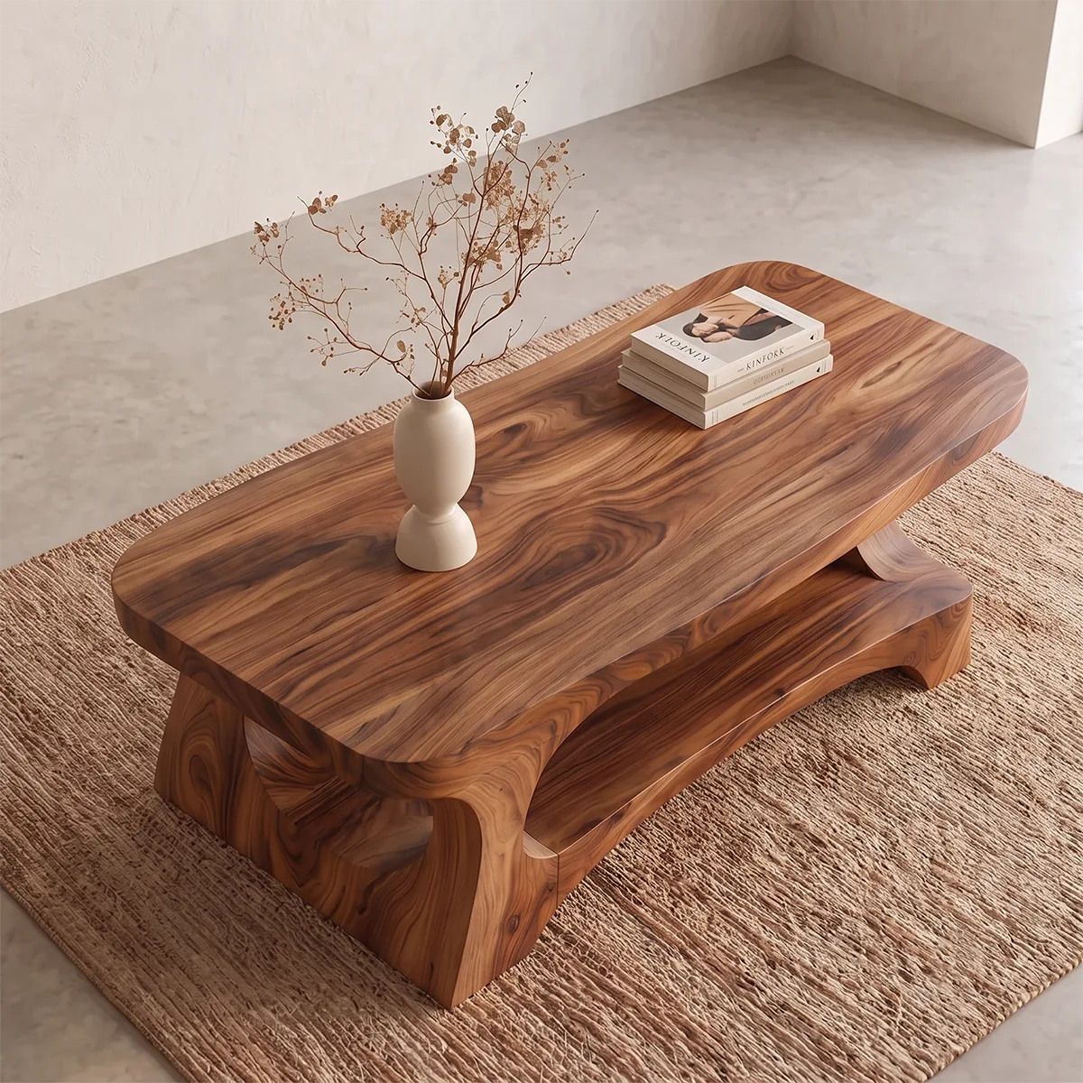 Organic Rectangular Coffee Table with Open Shelf and Sculptural Arch Base TH003-6JFK9PR