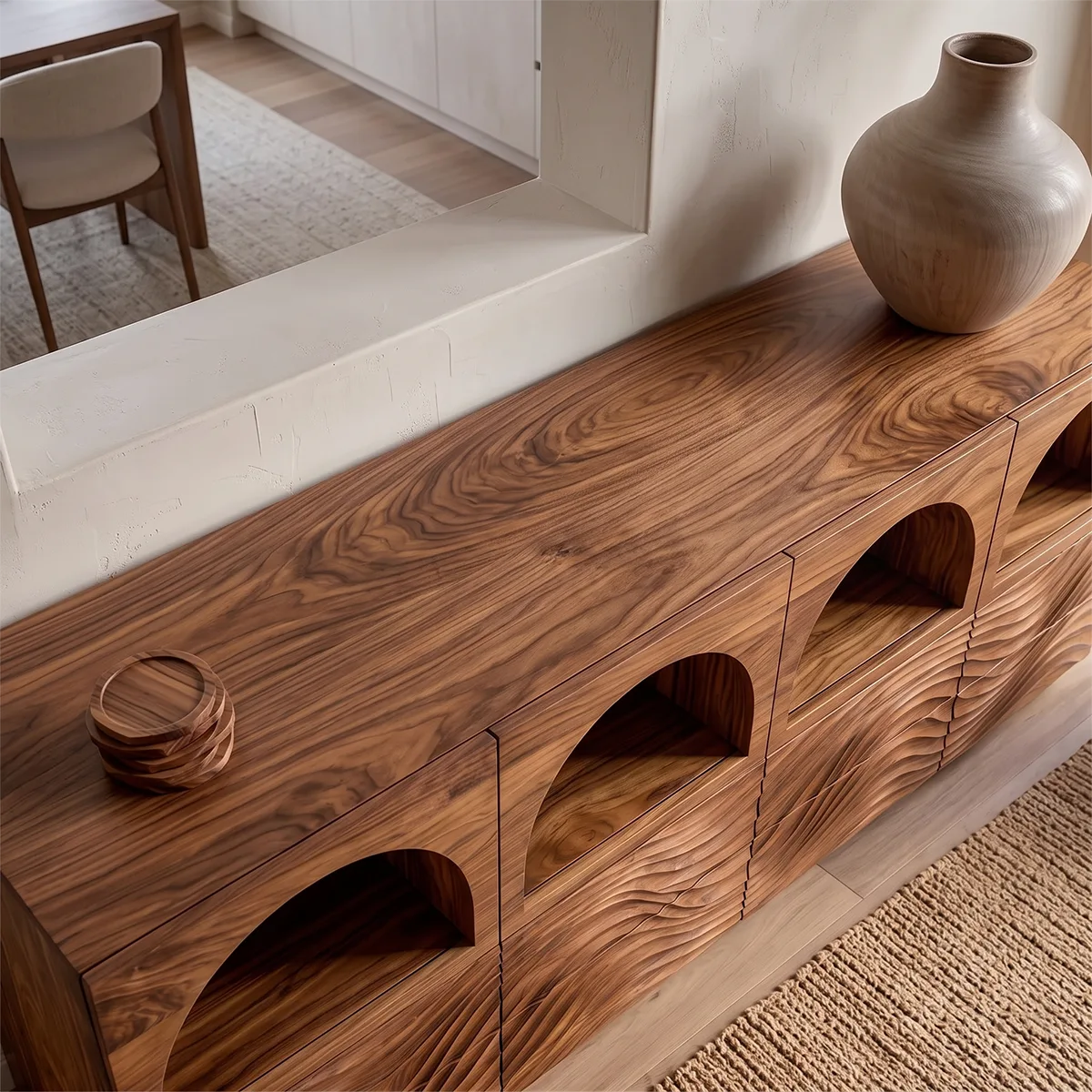 Modern Sideboard Cabinet | Wave Carved Buffet Cabinet with Open Shelves & Drawers TH003-8099