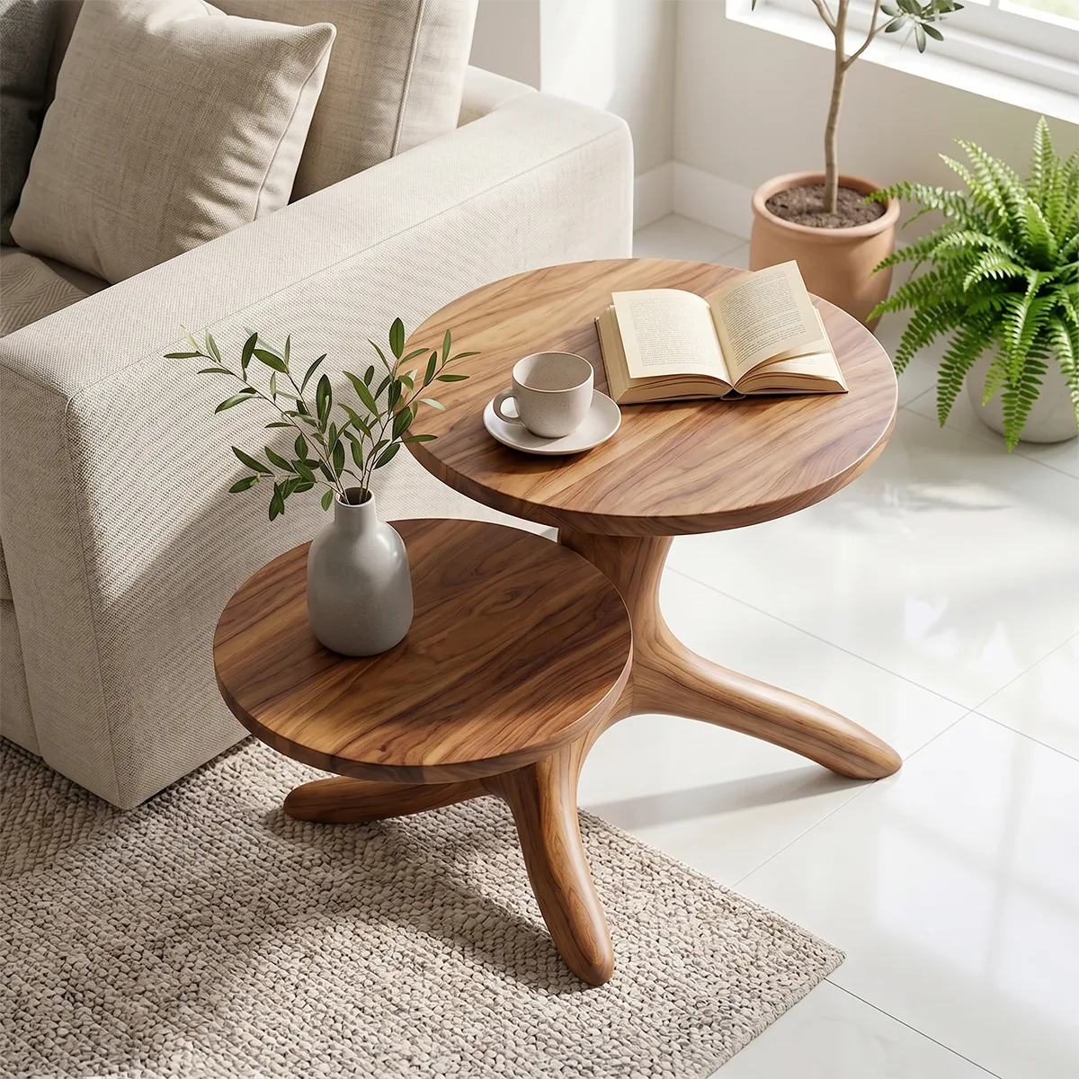 Handcrafted Solid Wood 2-Tier End Table – Sculptural Organic Side Table for Living Room TH003-8682