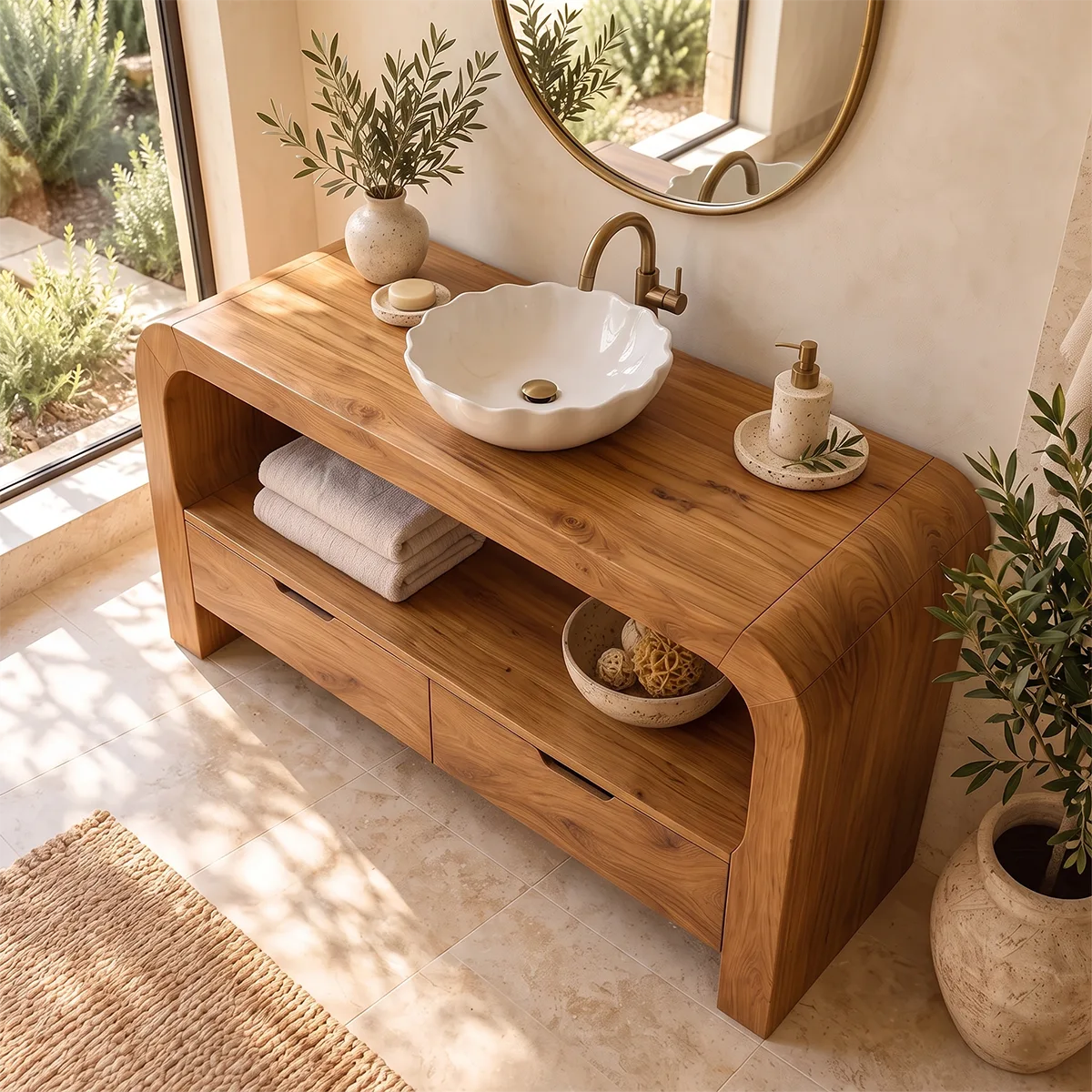 Curved Waterfall Bathroom Vanity | 2-Drawer Vanity with Large Open Storage Shelf TH003-4TMA9VP