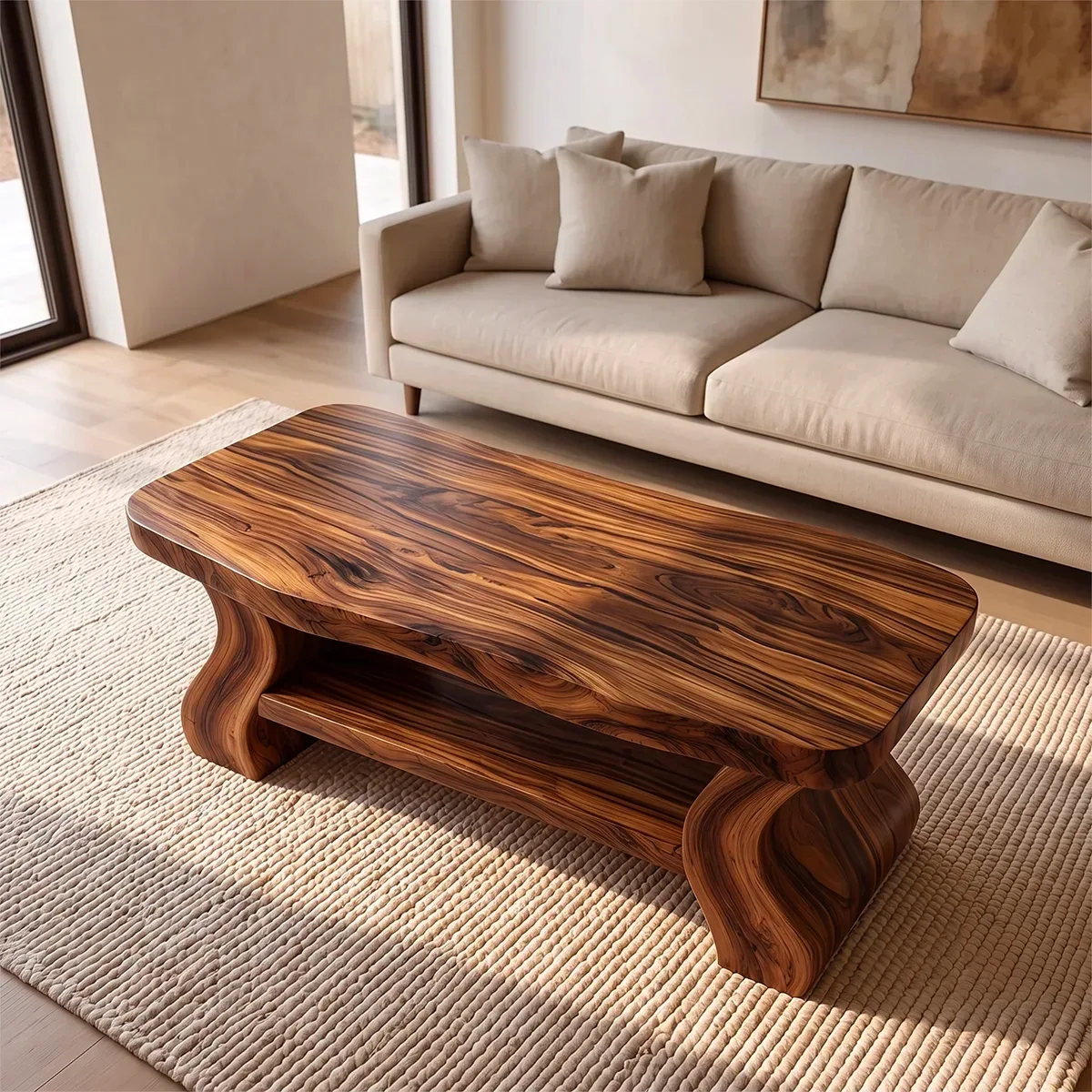 Sculptural Coffee Table with Open Lower Shelf and Curved Legs | Modern Living Room Table TH003-8YWG9UB