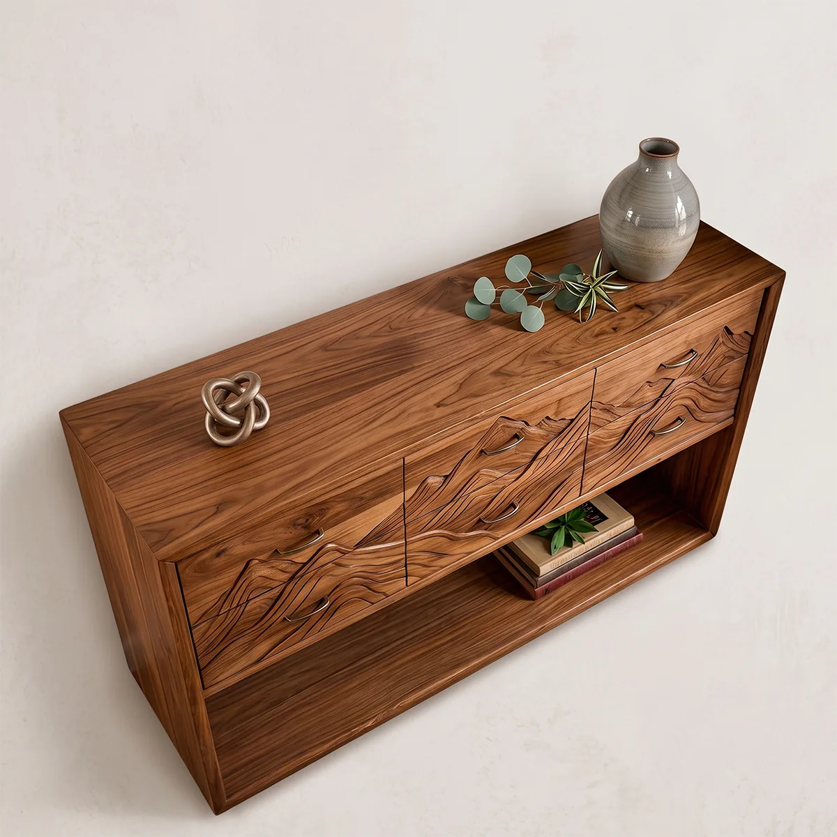 Modern Mountain Carved 6 Drawer Console Table with Open Shelf – Artistic Entryway Storage Cabinet TH003-2149