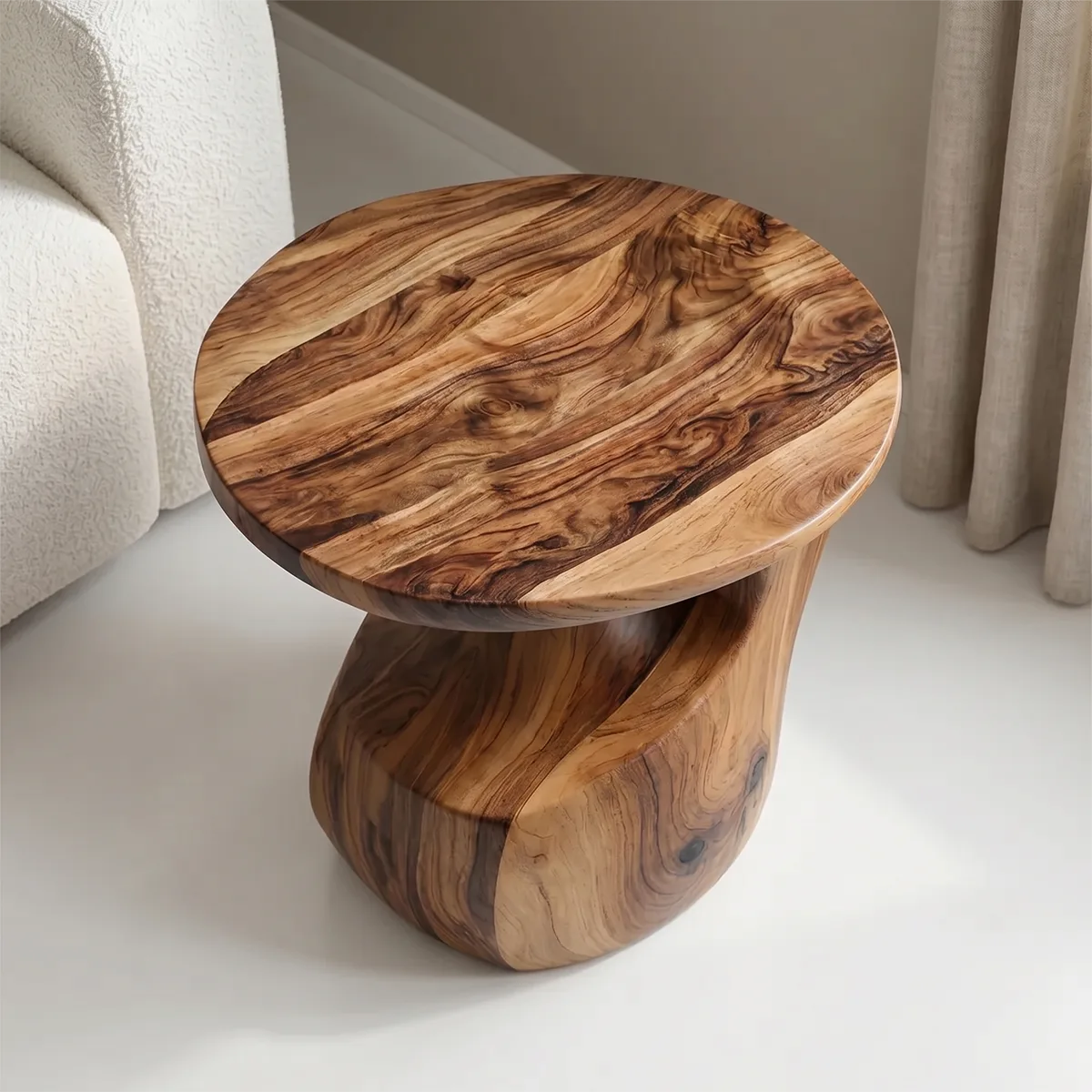 Sculptural Solid Wood Side Table, Round End Table with Curved Pedestal Base TH003-3965