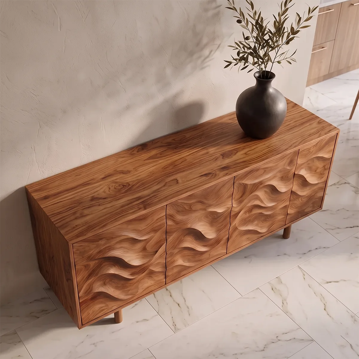 Wave Carved Solid Wood Sideboard | Modern Hardwood Buffet Cabinet for Dining & Living Room TH003-6641