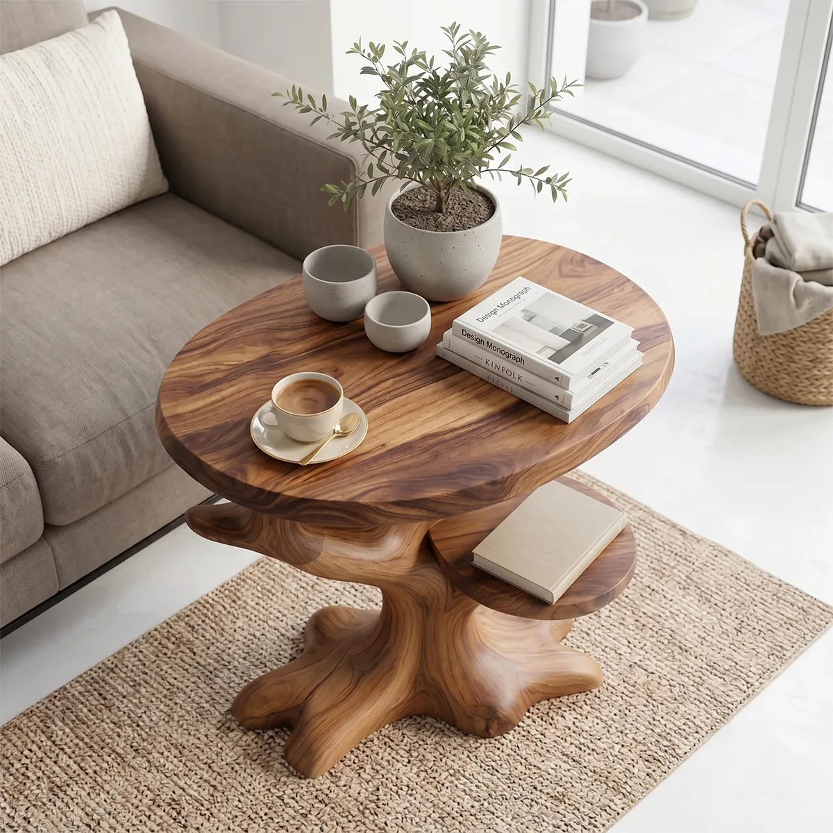 Sculptural Solid Wood Side Table with Shelves, Tree-Inspired End Table, Handcrafted Organic Wood Accent Table TH003-1094