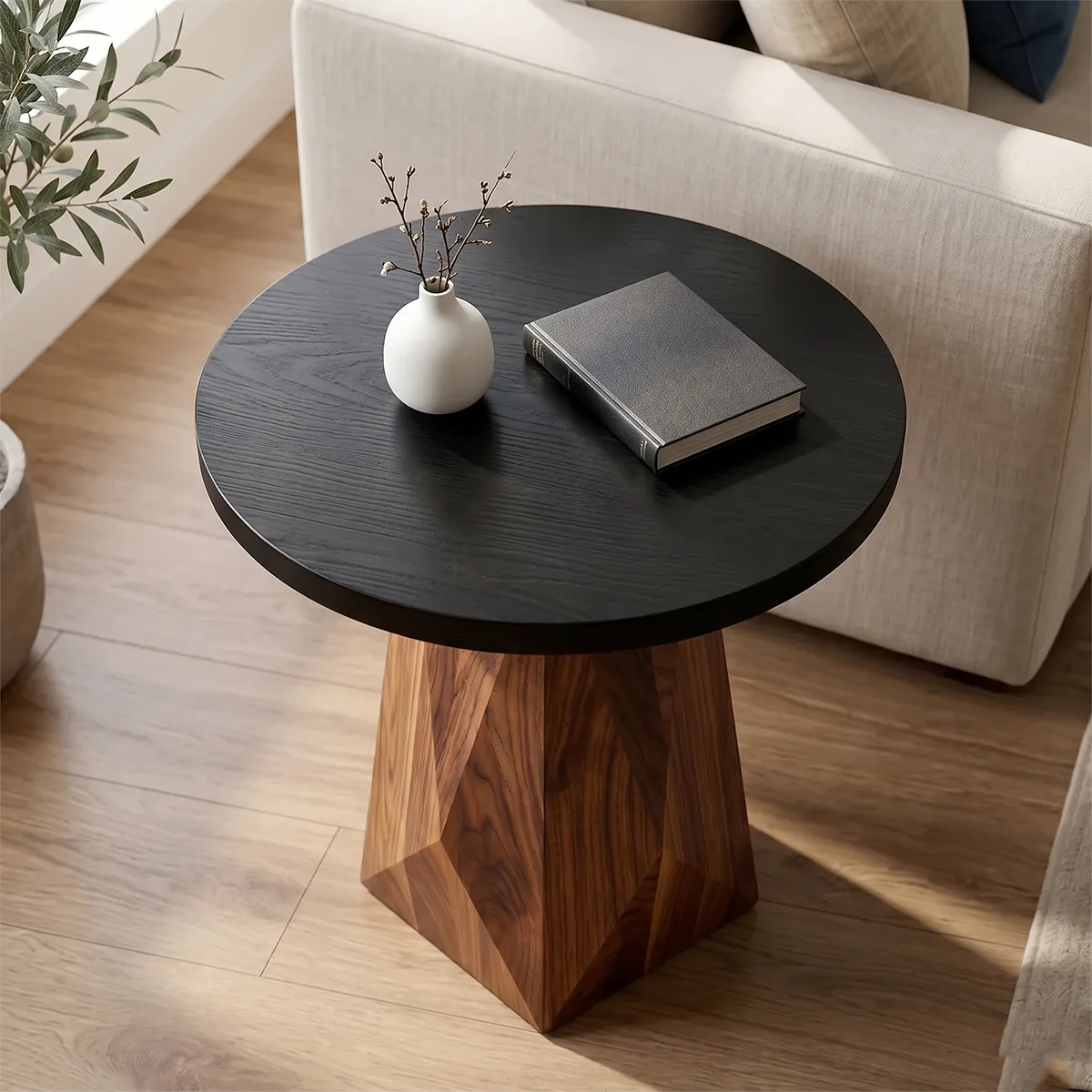Round Solid Wood End Table | Handcrafted Pedestal Side Table with Black Top for Living Room & Bedroom TH003-3811