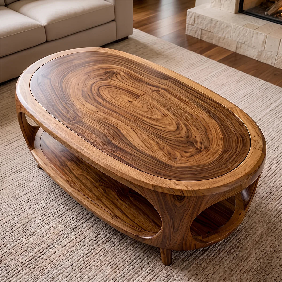 Modern Organic Coffee Table with Shelf | Sculptural Solid Wood Oval Coffee Table TH003-7476