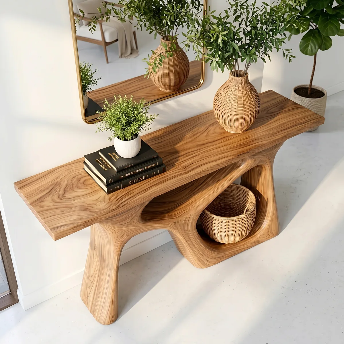 Handcrafted Solid Wood Console Table – Sculptural Foyer Decor