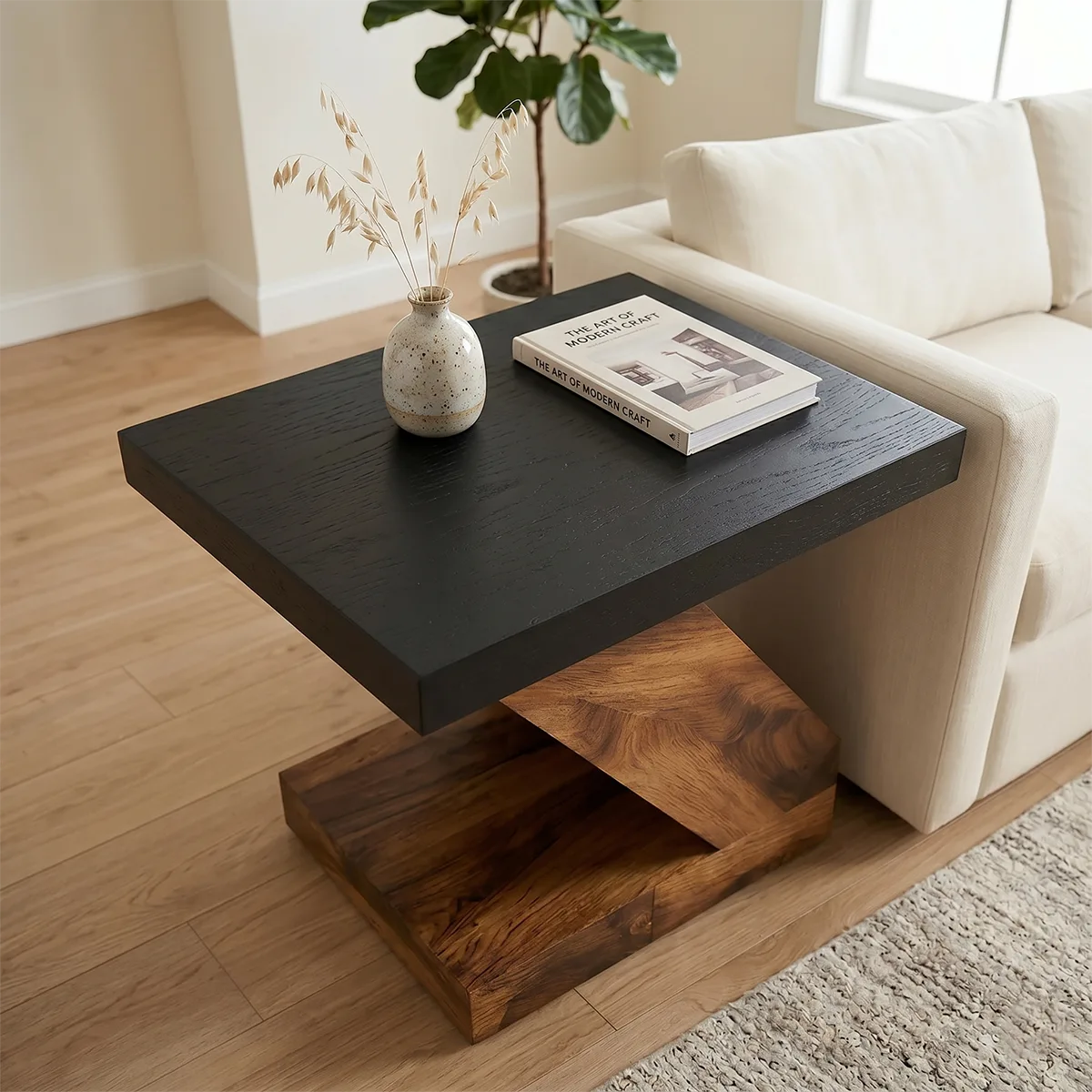 Modern Solid Wood End Table | Geometric Z-Shaped Side Table with Black Top TH003-2206