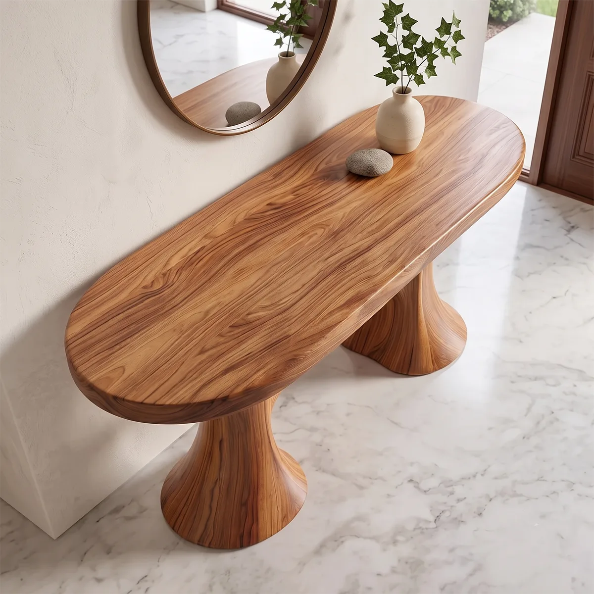 Modern Organic Console Table with Sculptural Double Pedestal Base – Contemporary Entryway Table TH003-1673