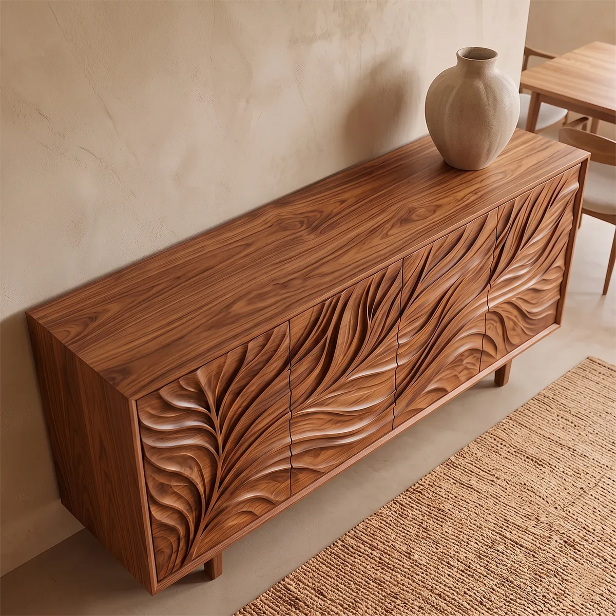 Leaf Carved Solid Wood Sideboard | Organic Modern Buffet Cabinet for Dining & Living Room TH003-7107