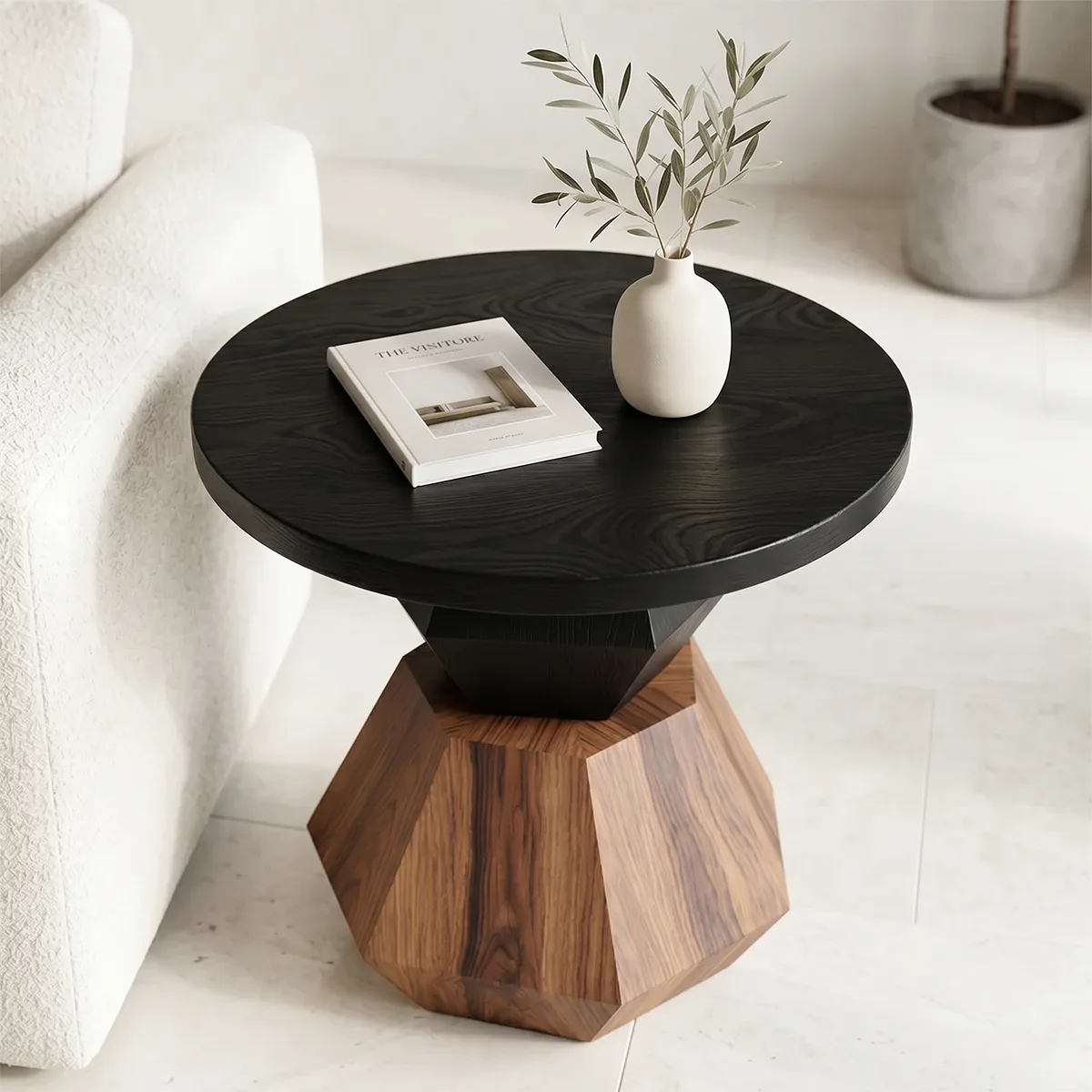 Modern Round Solid Wood End Table | Geometric Pedestal Side Table with Black Top TH003-3706