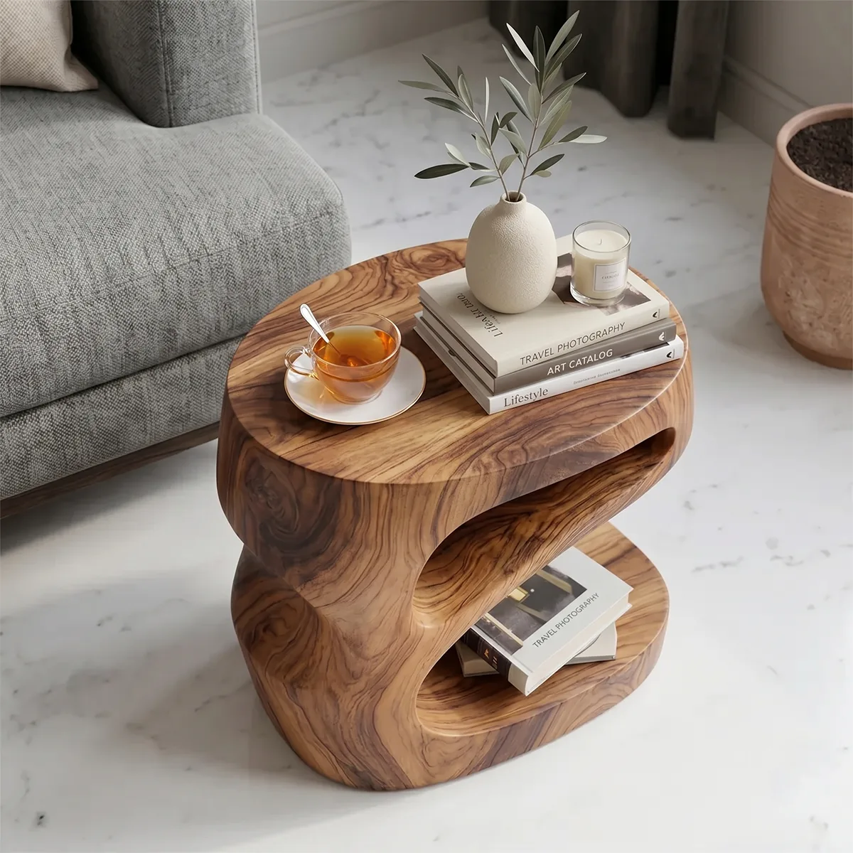 Handcrafted Sculptural Solid Wood Side Table with Storage Shelves TH003-7929