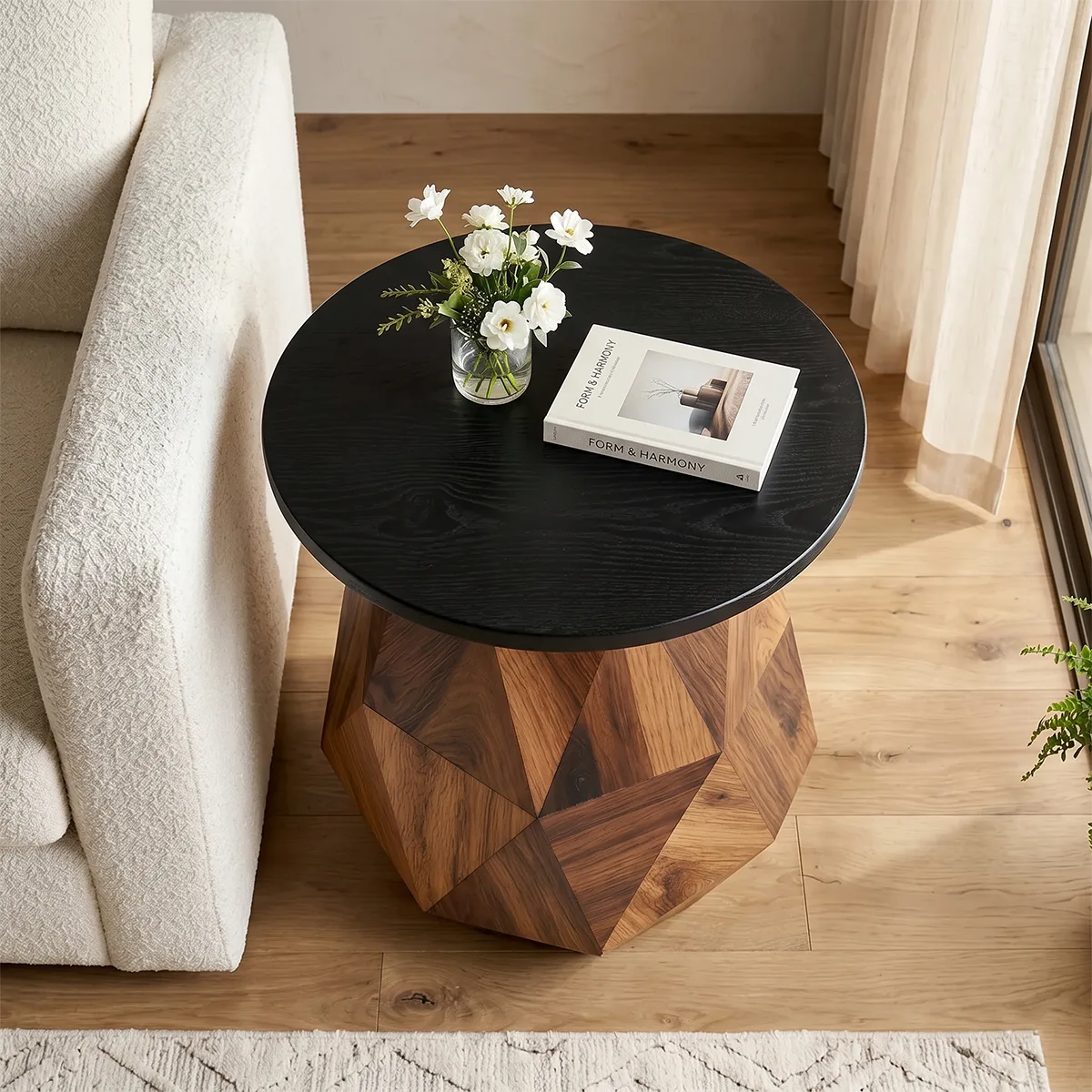 Modern Round Solid Wood End Table | Geometric Pedestal Side Table with Black Top TH003-4421
