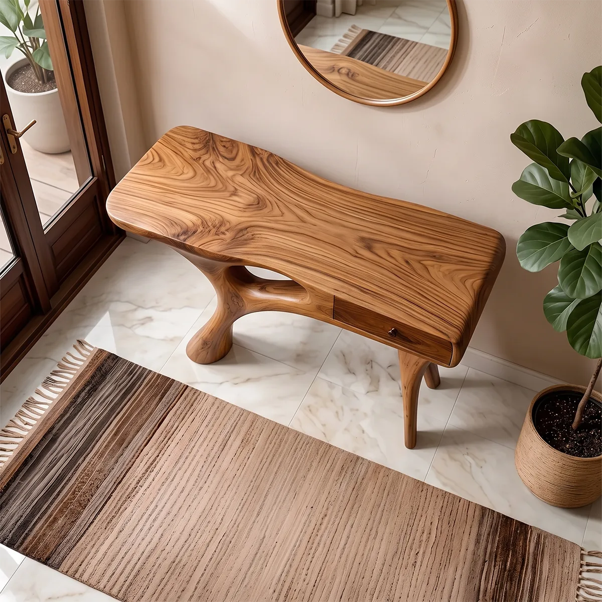 Organic Modern Console Table with Sculptural Base & Drawer – Contemporary Entryway Table TH003-5521