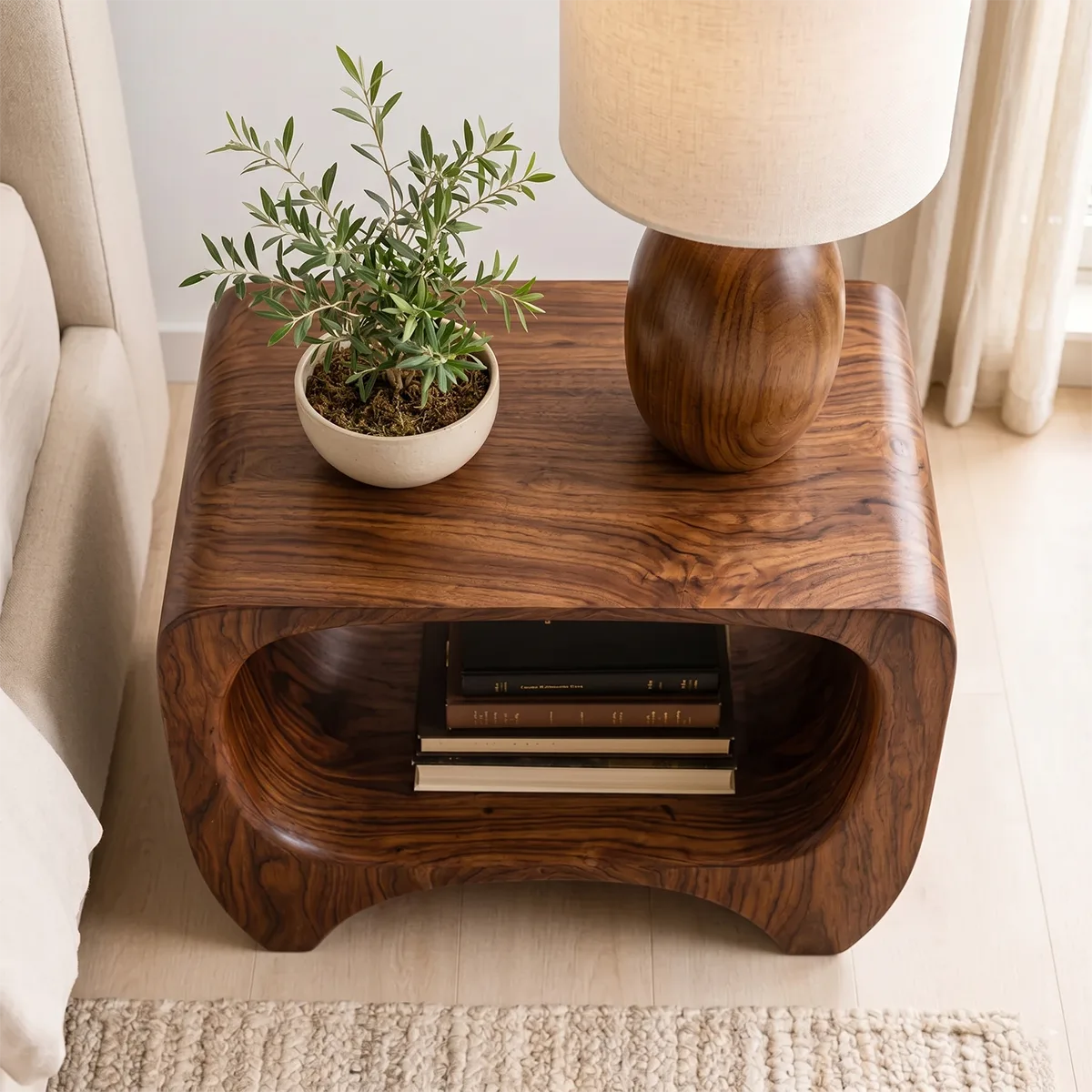 Organic Solid Wood Nightstand with Open Storage Shelf