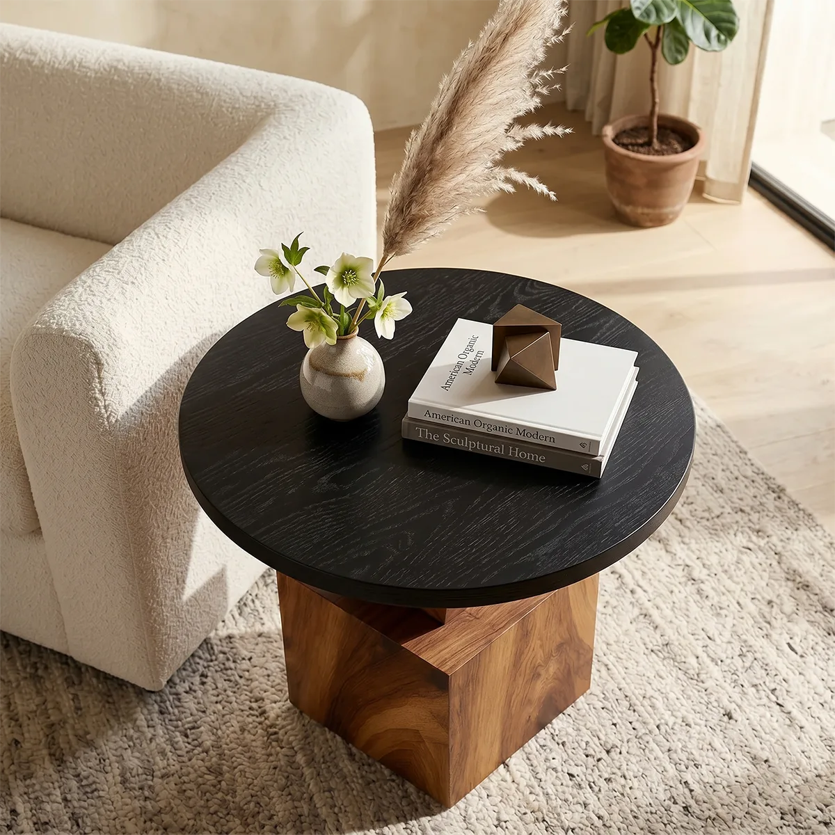 Modern Round Solid Wood End Table | Sculptural Pedestal Side Table with Black Top TH003-8718
