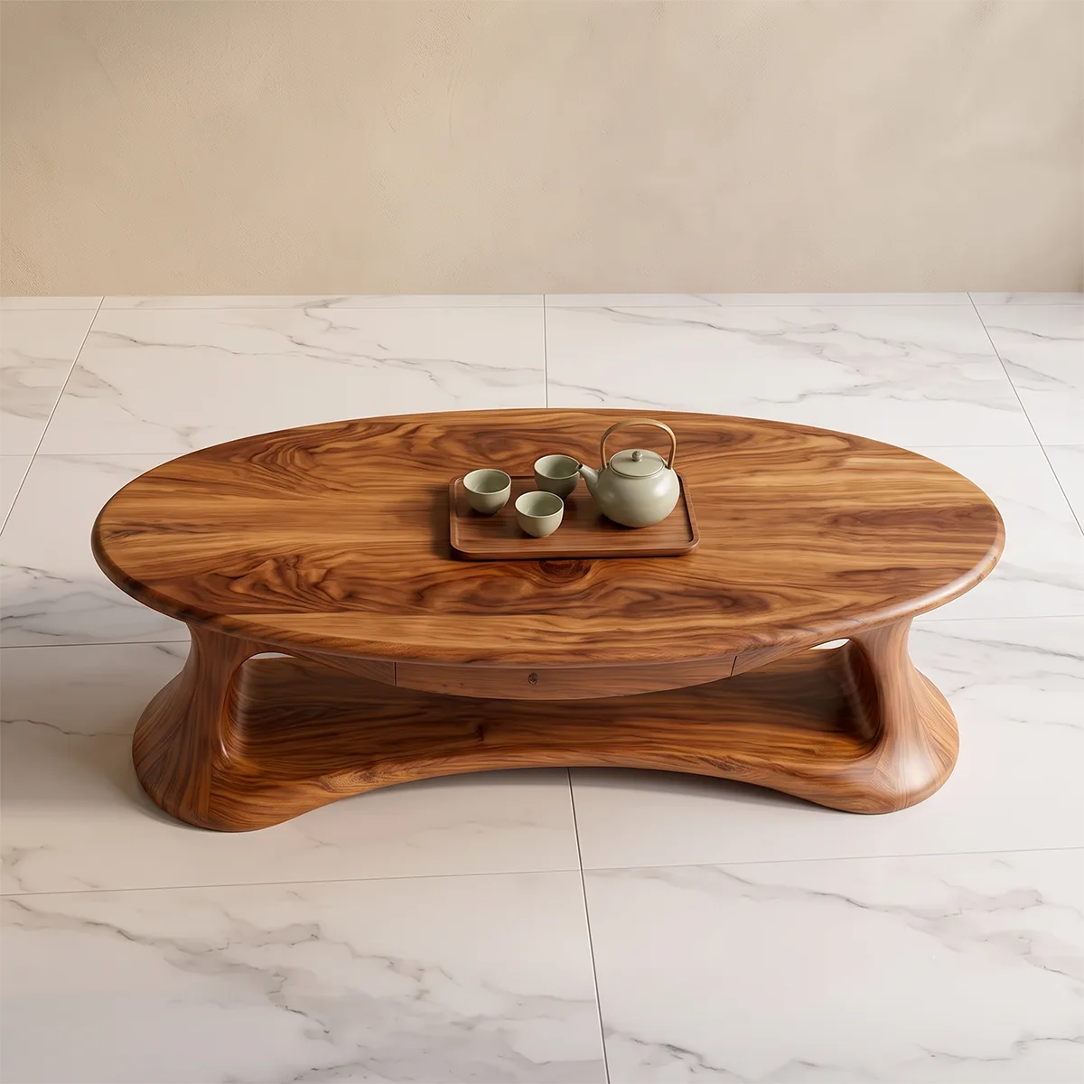 Modern Organic Coffee Table | Oval Coffee Table with Shelf for Living Room TH003-4419