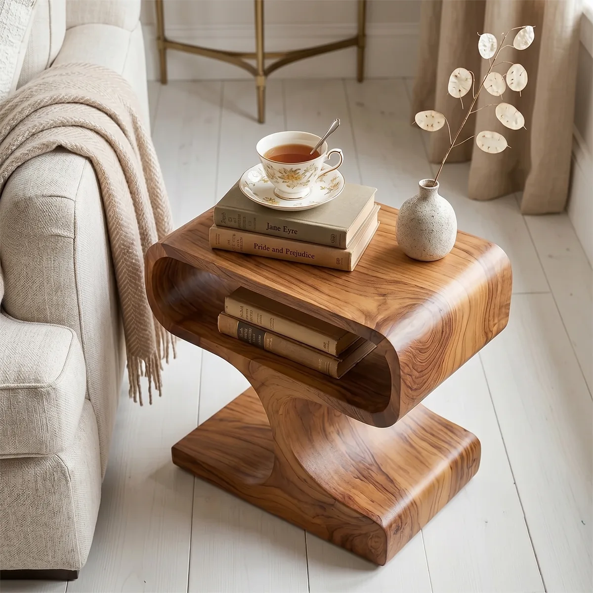 Solid Wood Sculptural Side Table with Storage | Modern End Table TH003-1002