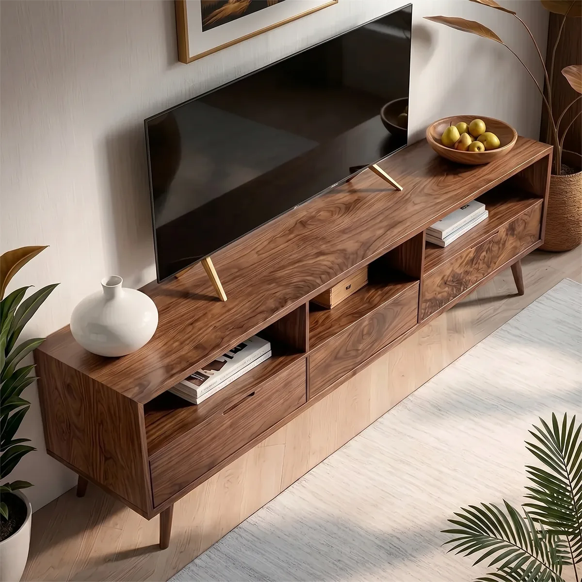 Mid Century TV Stand with Open Shelves and 3 Drawers