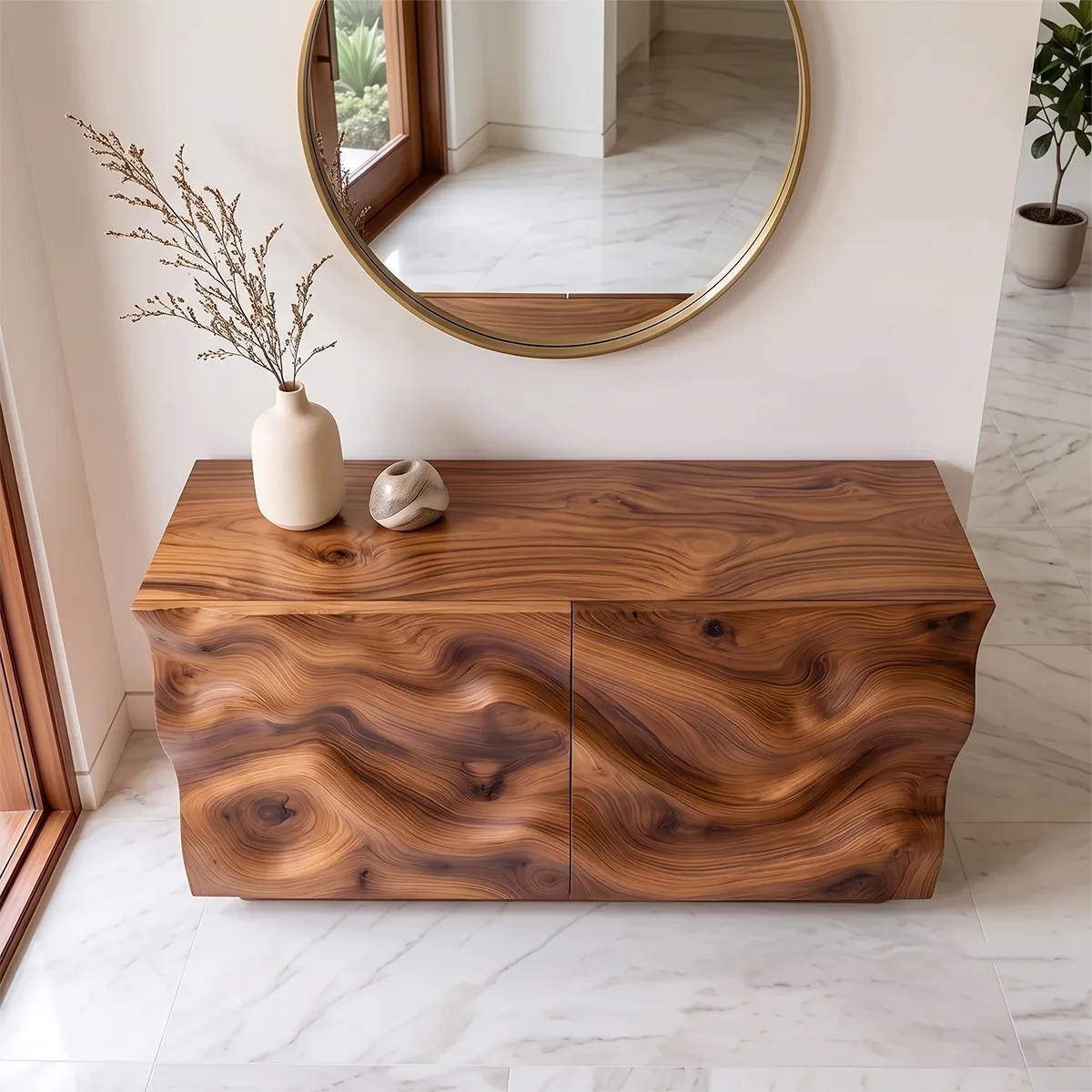 Modern Storage Console Table with Sculptural Wave Doors – Contemporary Entryway Table TH003-6526
