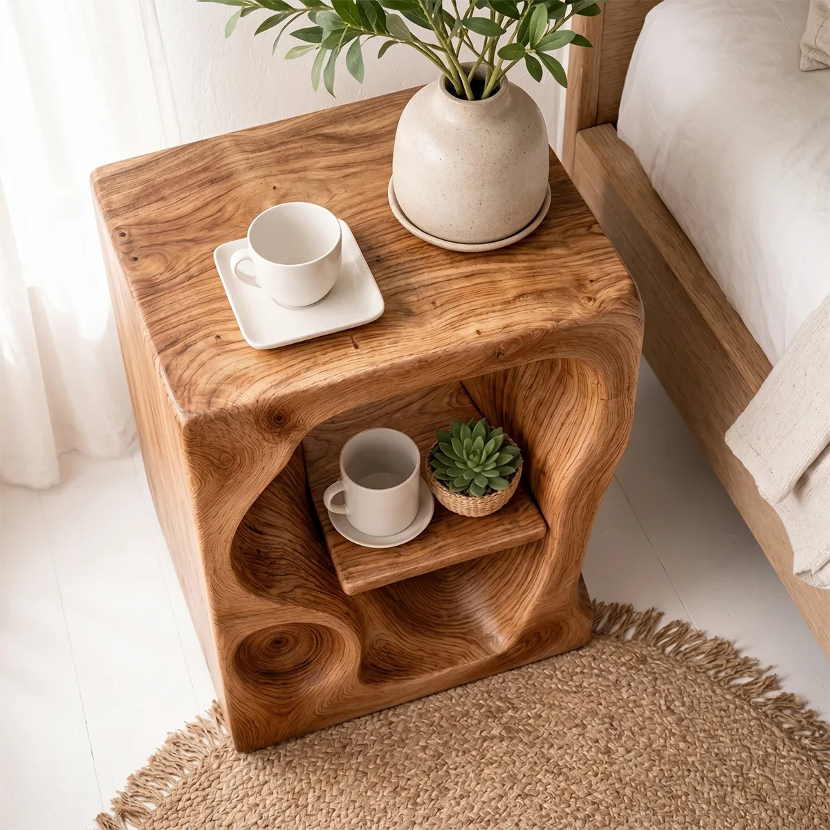 Organic Sculptural Wooden Nightstand with Open Shelf