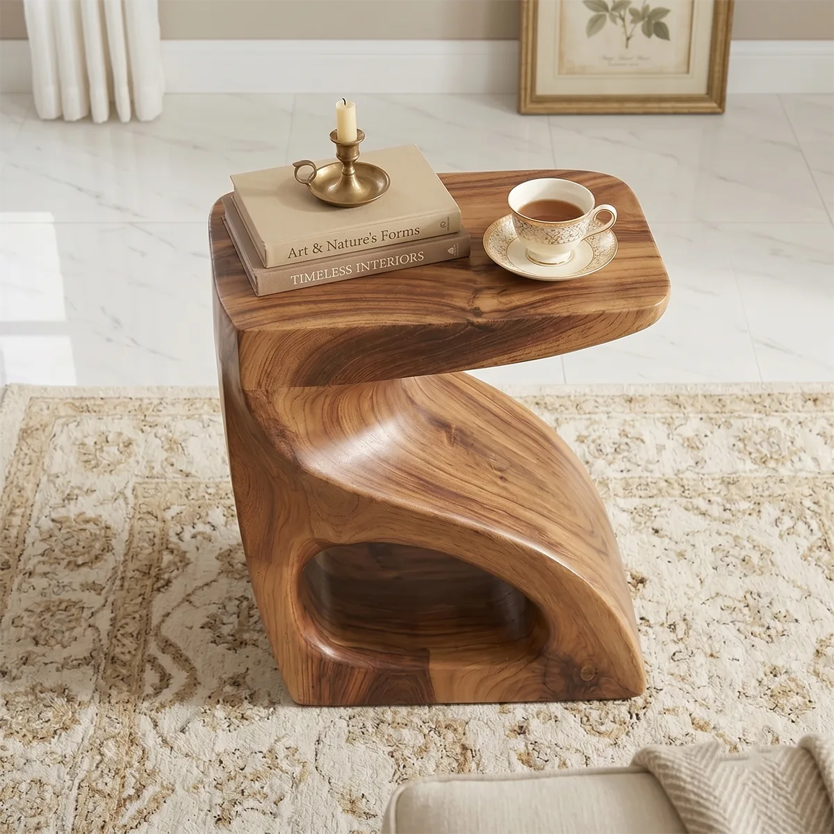 Handcrafted S-Shaped Solid Wood Side Table | Sculptural End Table TH003-2497