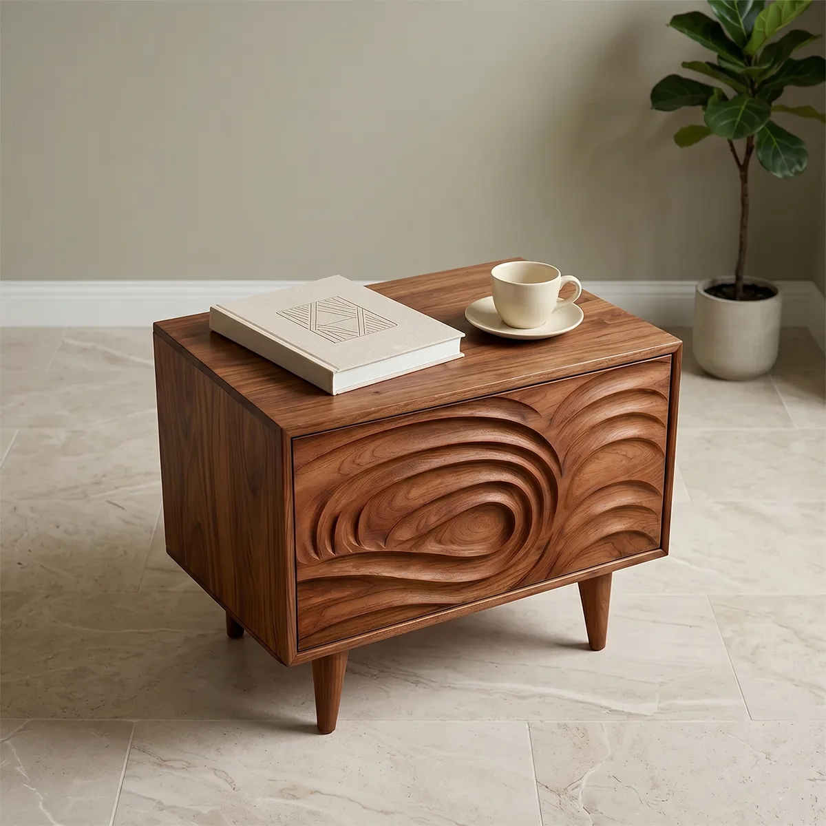Modern Solid Wood End Table with Storage | Mid Century Nightstand with Carved Drawer TH003-2138