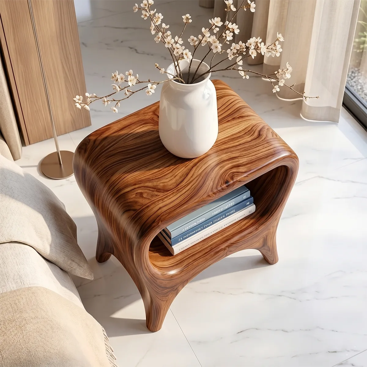 Organic Modern Nightstand with Open Shelf | Sculptural Bedside Table TH003-7076
