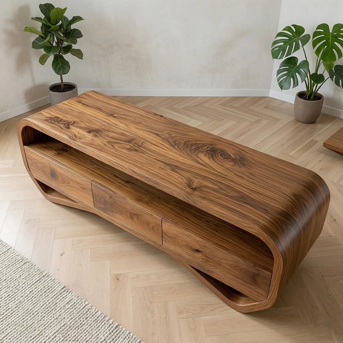 Solid Wood TV Stand with Curved Open Shelves and 3 Drawers