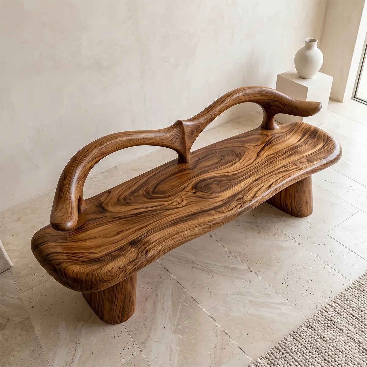 Organic Wave Back Garden Bench, Sculptural Wooden Outdoor Seating TH003-2770