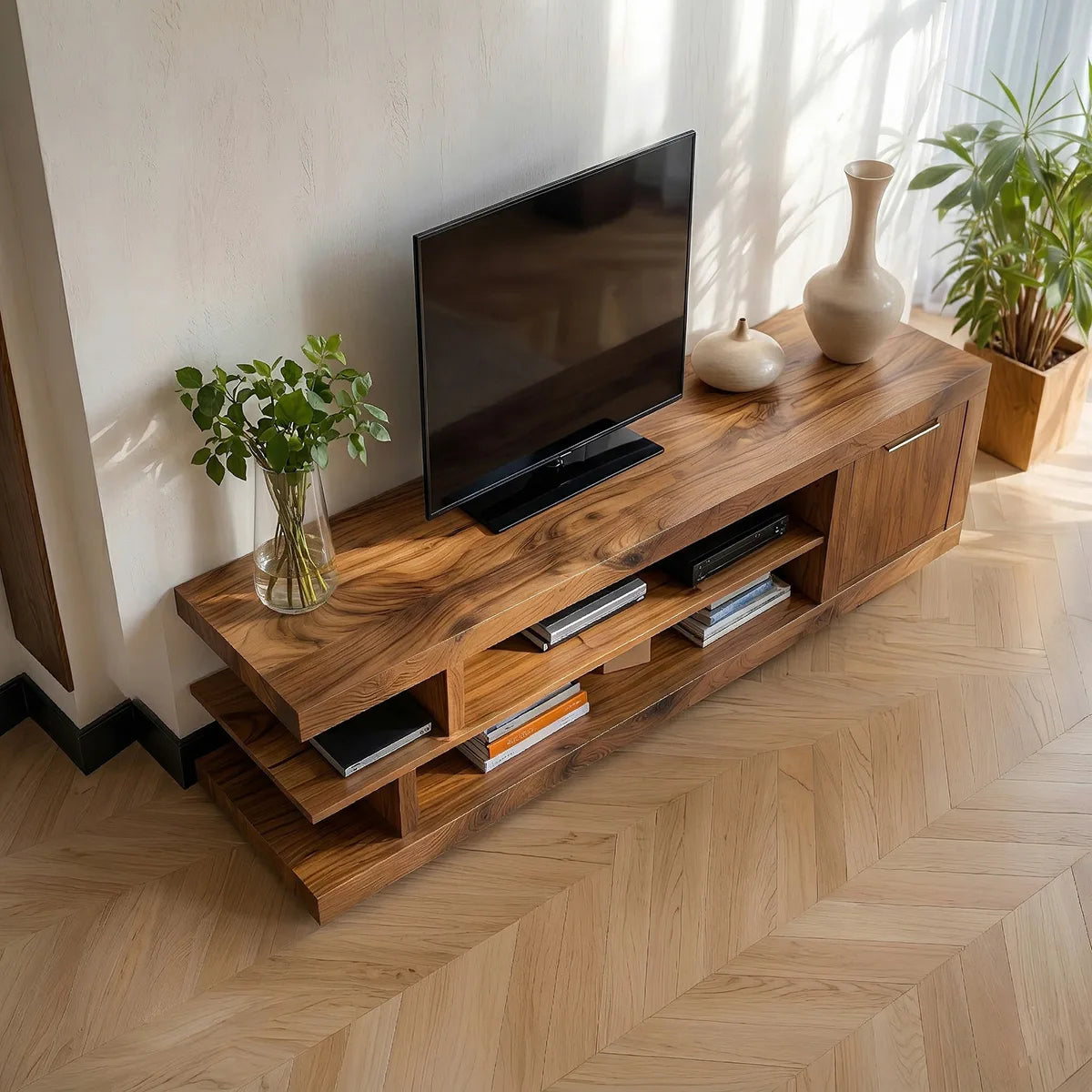 Solid Wood TV Cabinet with Open Shelves and Side Door Storage
