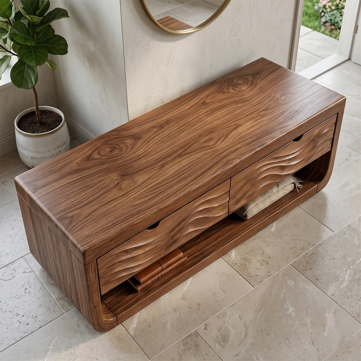 Contemporary Console Bench with Sculpted Wave Drawer Fronts TH003-7011
