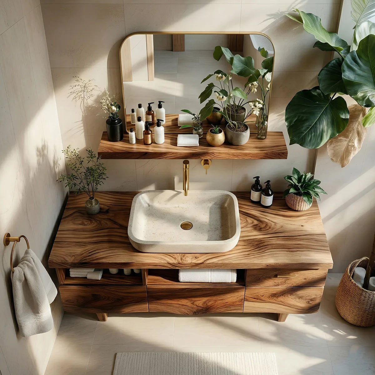 Contemporary Solid Wood Bathroom Vanity with Wave Front and Open Shelf