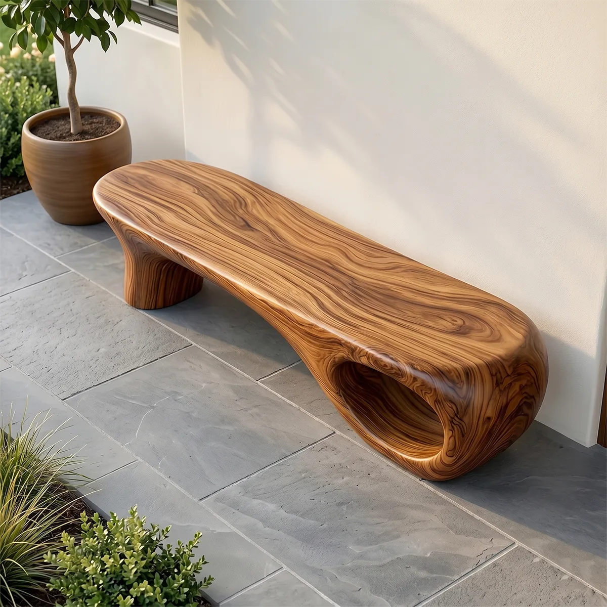 Handcrafted Organic Wood Bench with Sculptural Hollow Base TH003-2154