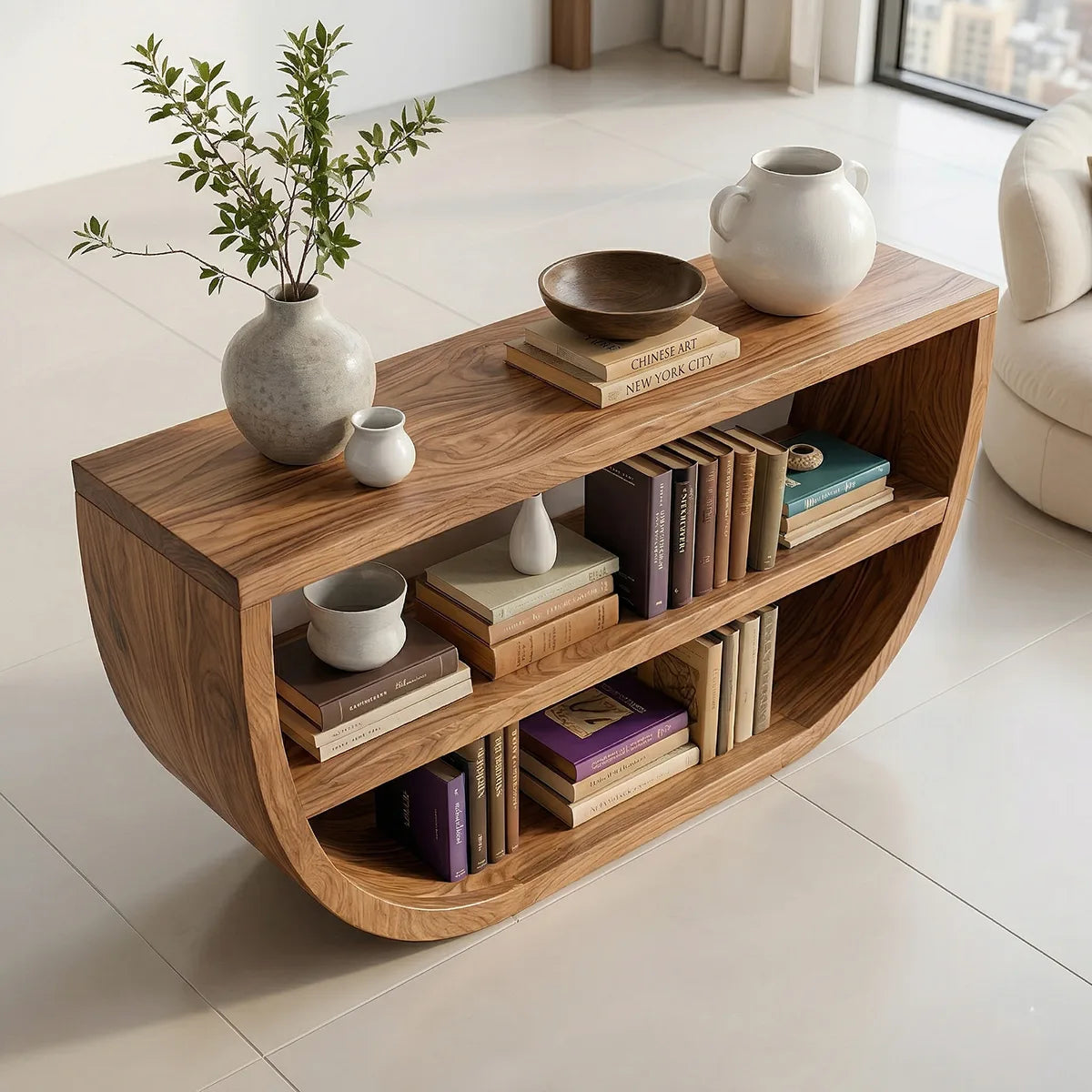 Modern Solid Wood Console Table with Curved Base and Open Shelf