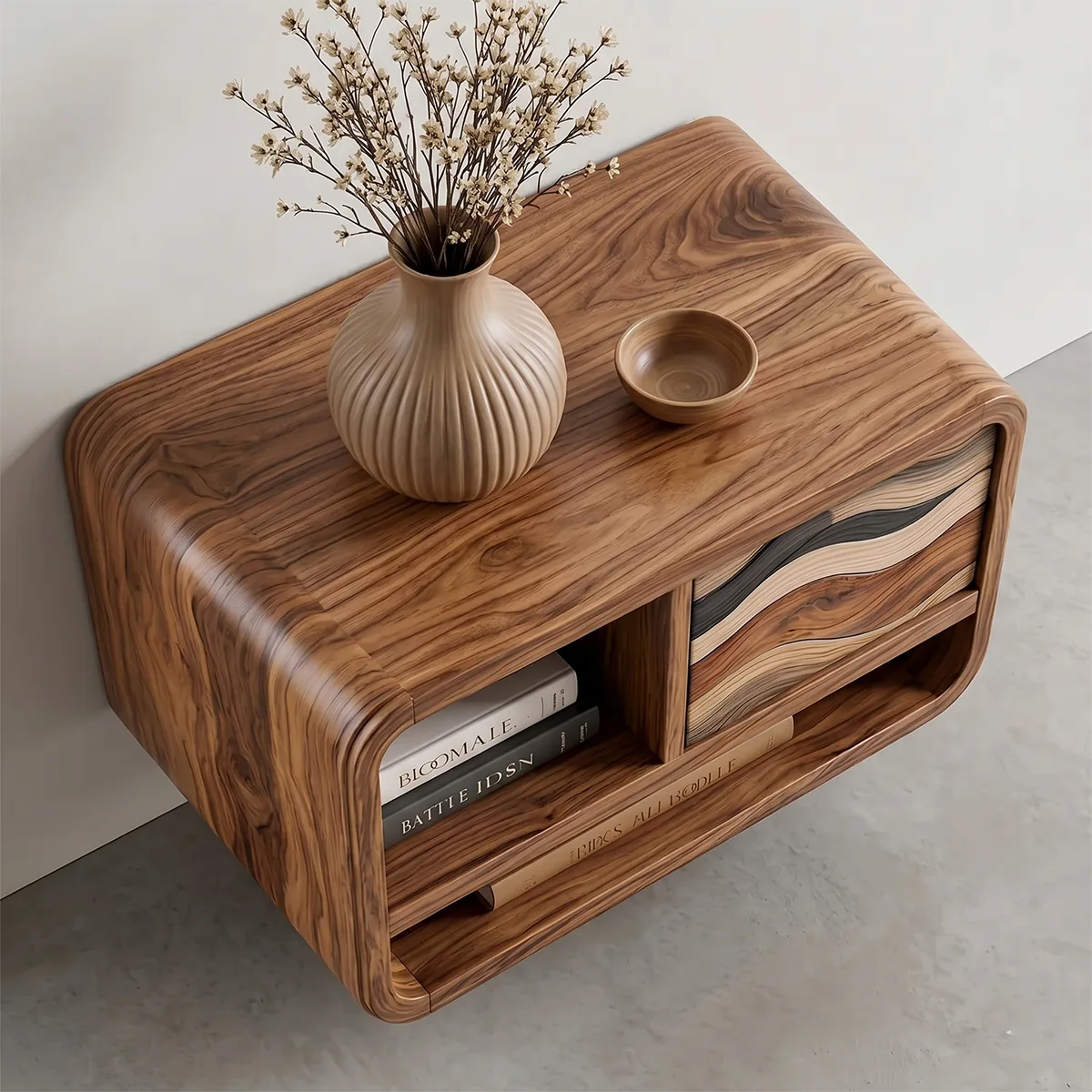 Floating Nightstand | Modern Curved Wall Mounted Bedside Table TH003-1336