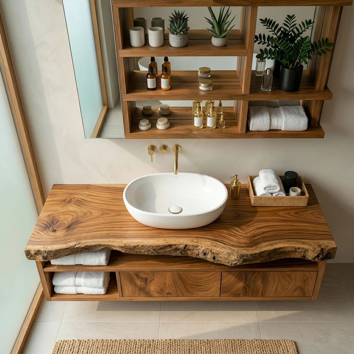 Floating Solid Wood Bathroom Vanity with Live Edge Top and Drawers