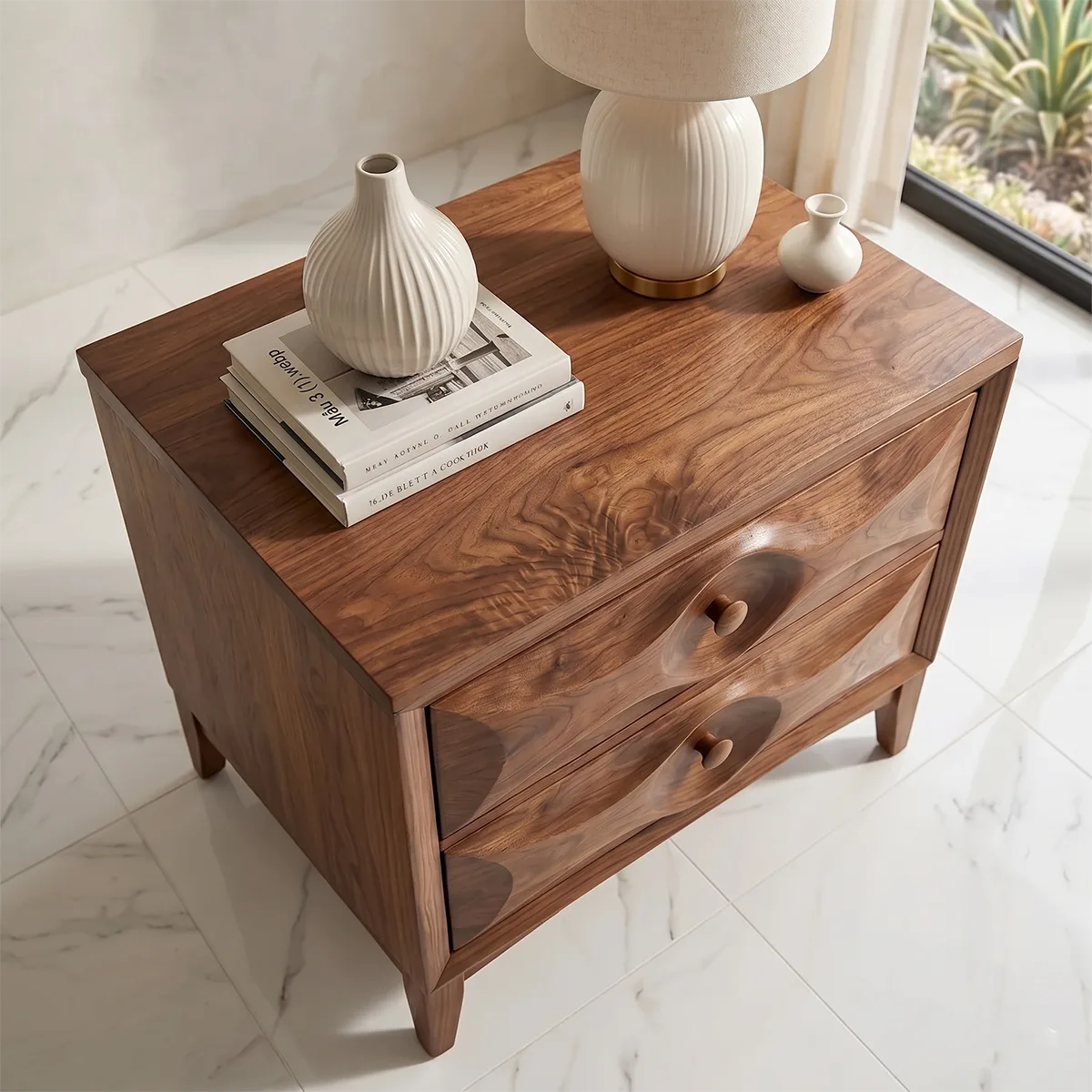 Modern Nightstand with Drawers | Sculptural Contemporary Bedside Table TH003-9402