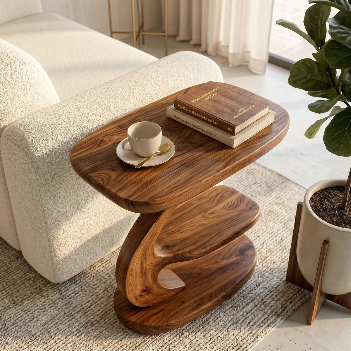 Modern Sculptural C-Shaped End Table with Multi-Level Storage TH003-7349